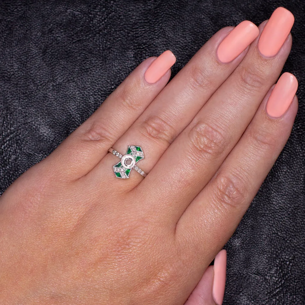 GREEN EMERALD DIAMOND RING SETTING ROUND GEOMETRIC ART DECO VINTAGE SEMI MOUNT