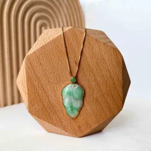 Green Jade Leaf with solid 18K Gold Frame, Jadeite Jade, Leaf Minimalist Hand Carved Pendant, YW-0110-1695763989