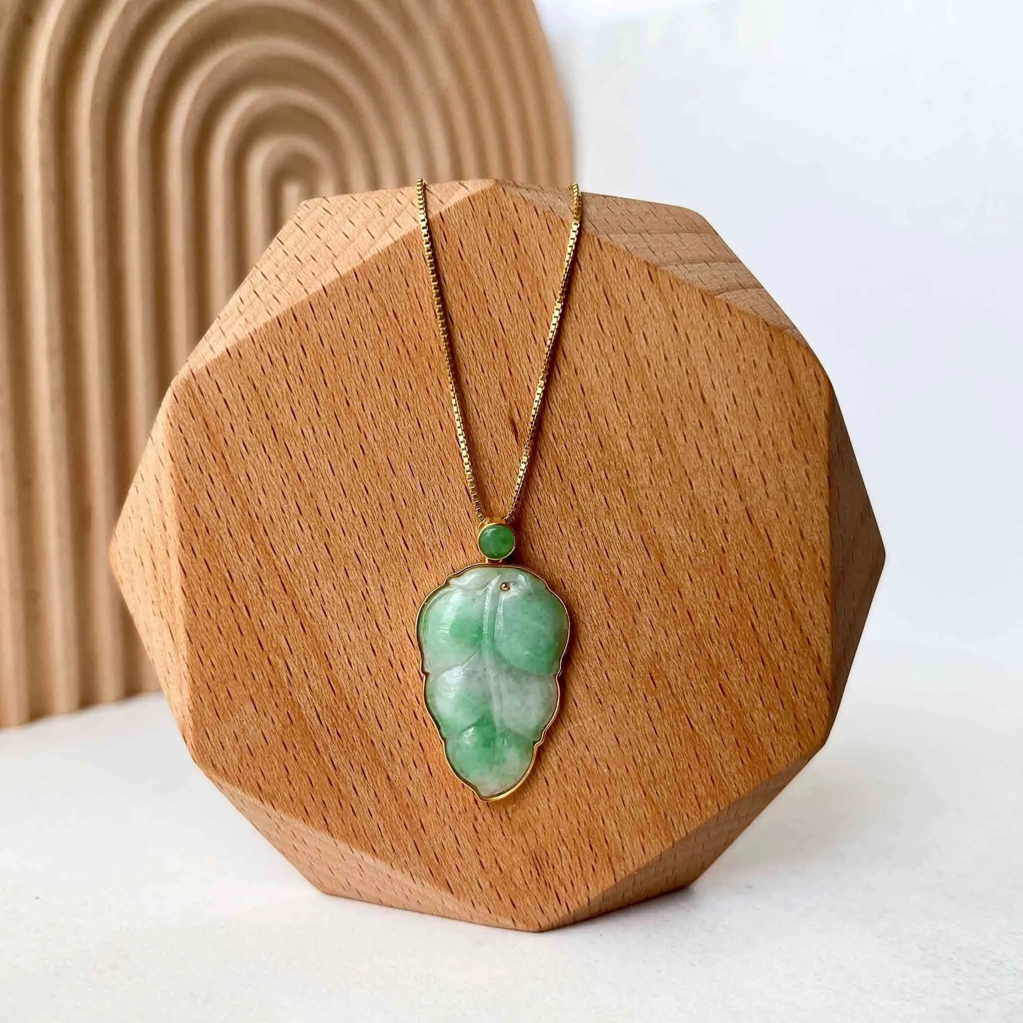Green Jade Leaf with solid 18K Gold Frame, Jadeite Jade, Leaf Minimalist Hand Carved Pendant, YW-0110-1695763989