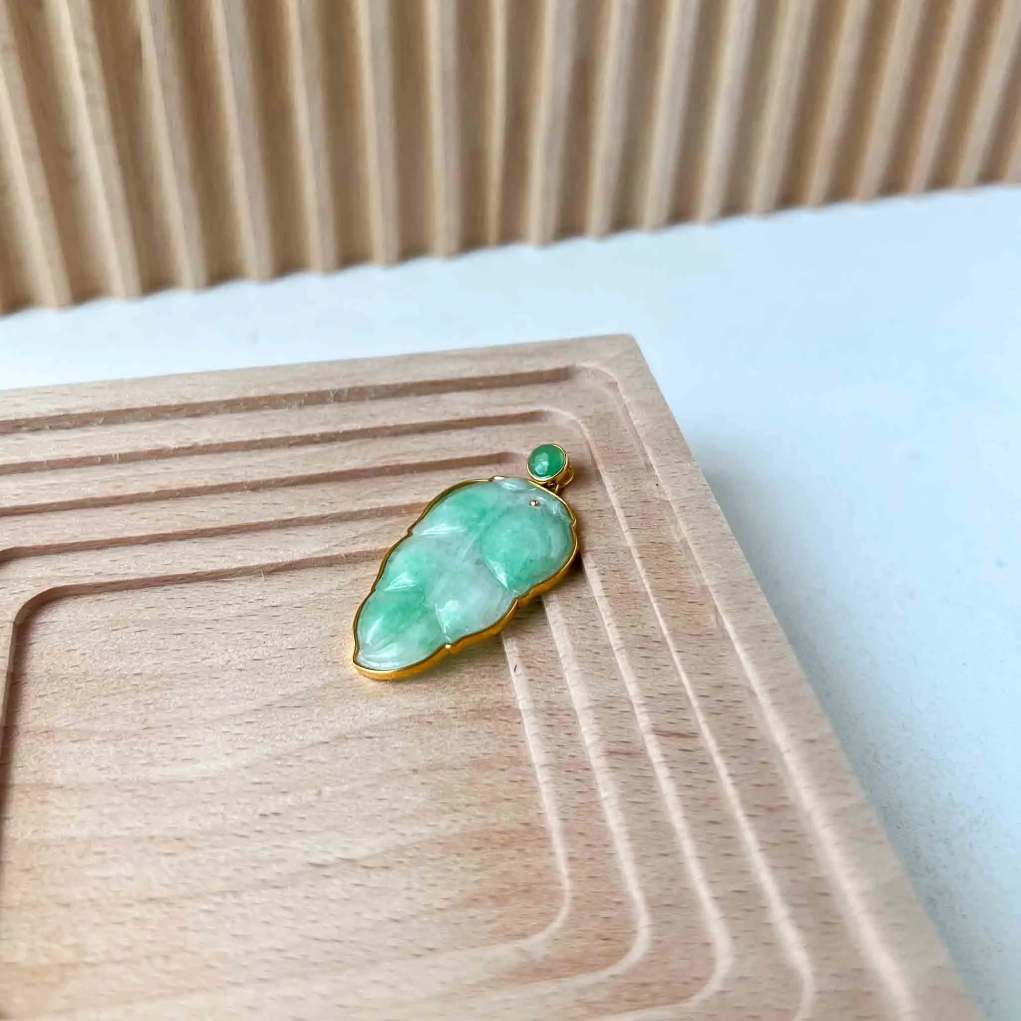 Green Jade Leaf with solid 18K Gold Frame, Jadeite Jade, Leaf Minimalist Hand Carved Pendant, YW-0110-1695763989
