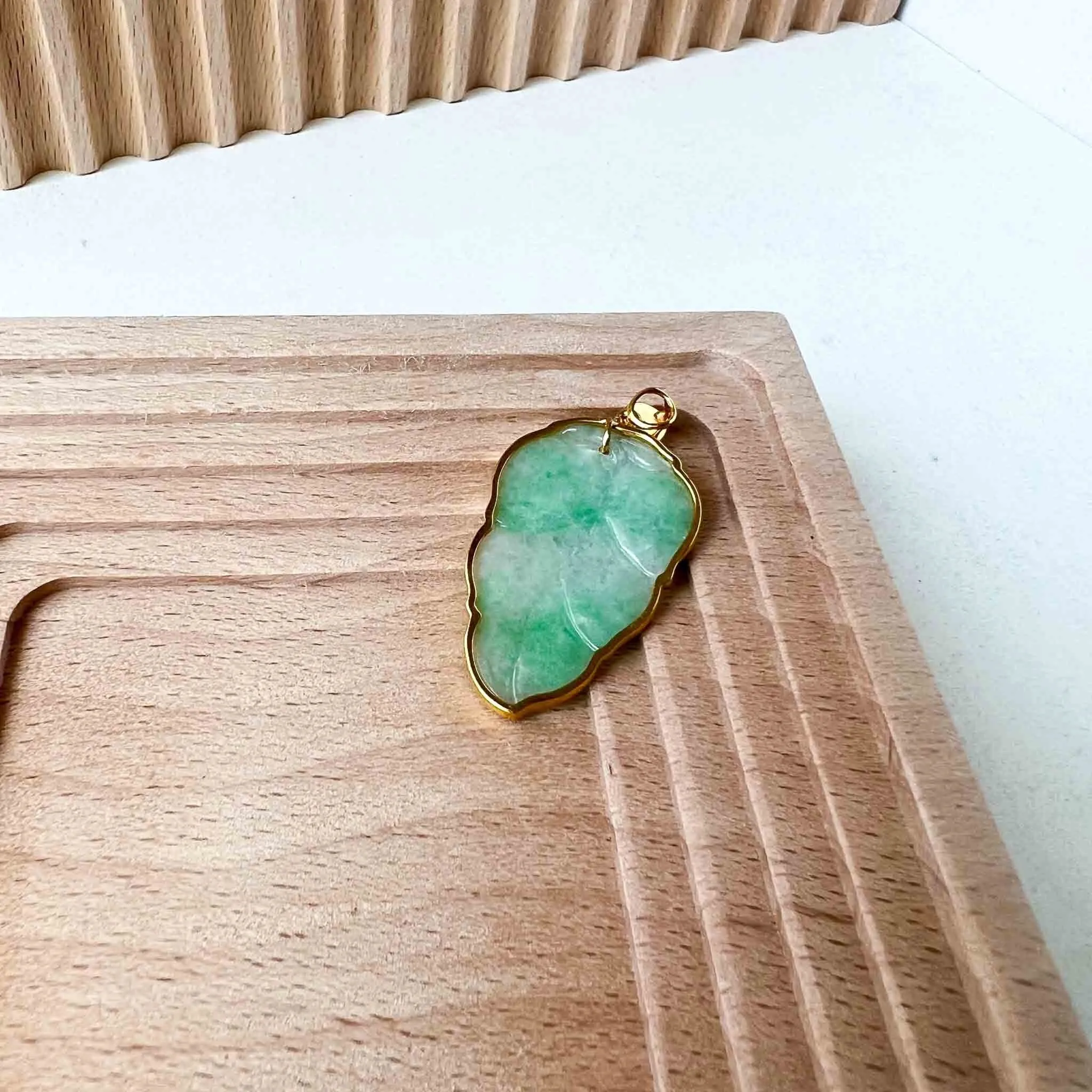 Green Jade Leaf with solid 18K Gold Frame, Jadeite Jade, Leaf Minimalist Hand Carved Pendant, YW-0110-1695763989