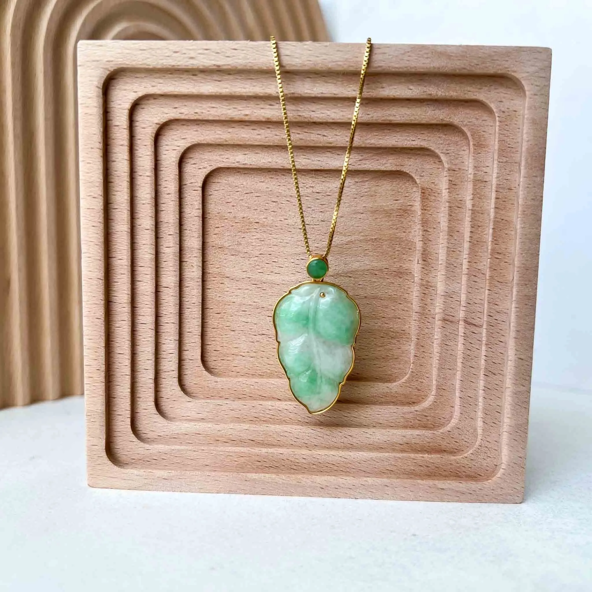 Green Jade Leaf with solid 18K Gold Frame, Jadeite Jade, Leaf Minimalist Hand Carved Pendant, YW-0110-1695763989
