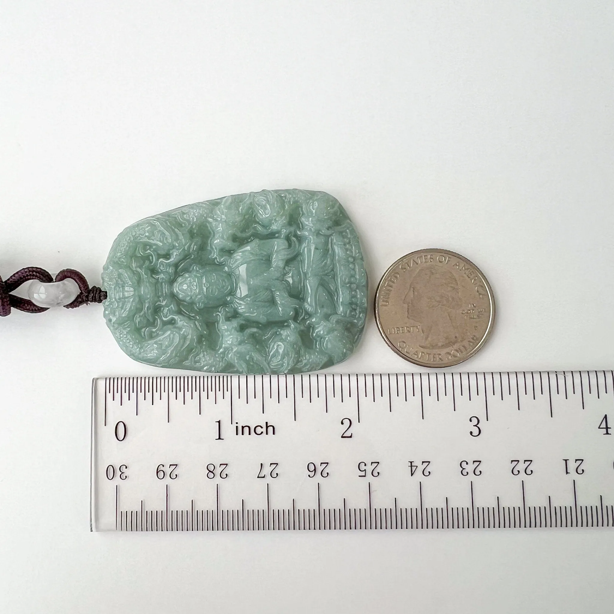 Green Jadeite Jade Guan Yin Kwan Yin Protected by Dragons Avalokitesvara Carved Pendant, BGC-0323-0038610