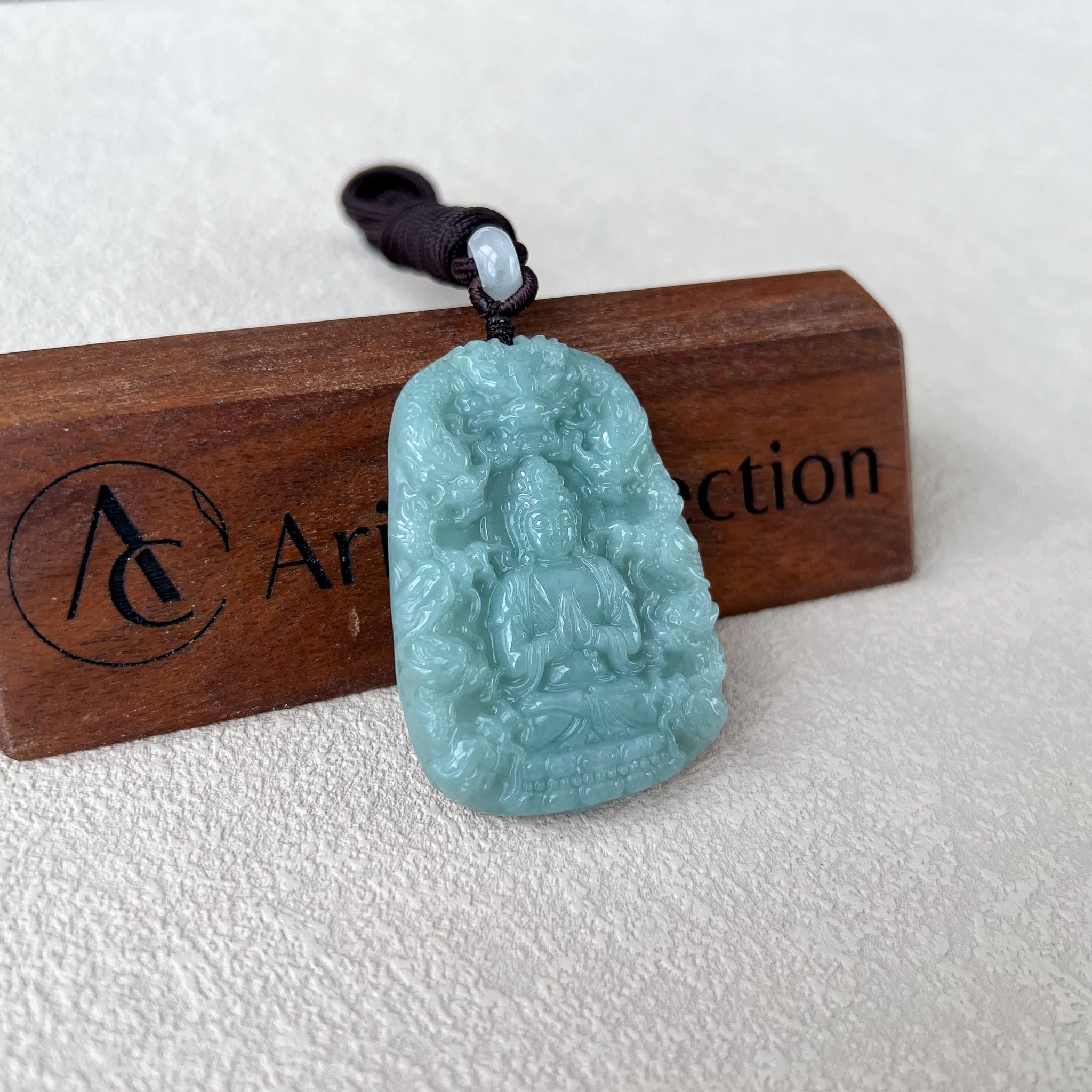 Green Jadeite Jade Guan Yin Kwan Yin Protected by Dragons Avalokitesvara Carved Pendant, BGC-0323-0038610