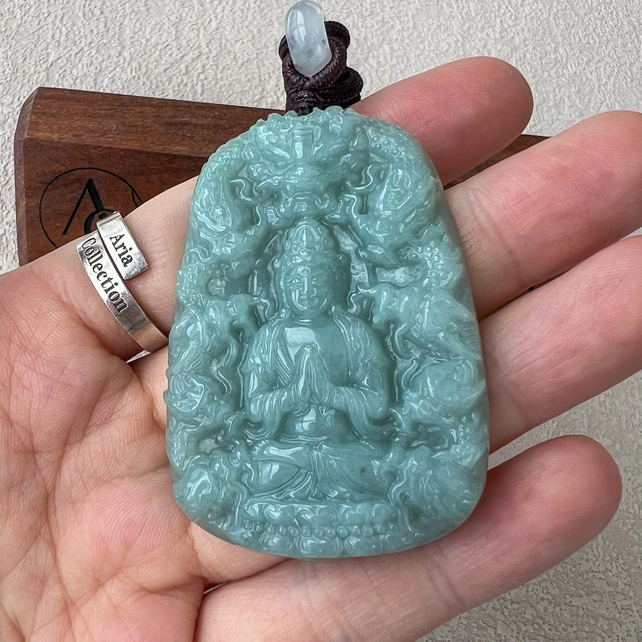 Green Jadeite Jade Guan Yin Kwan Yin Protected by Dragons Avalokitesvara Carved Pendant, BGC-0323-0038610