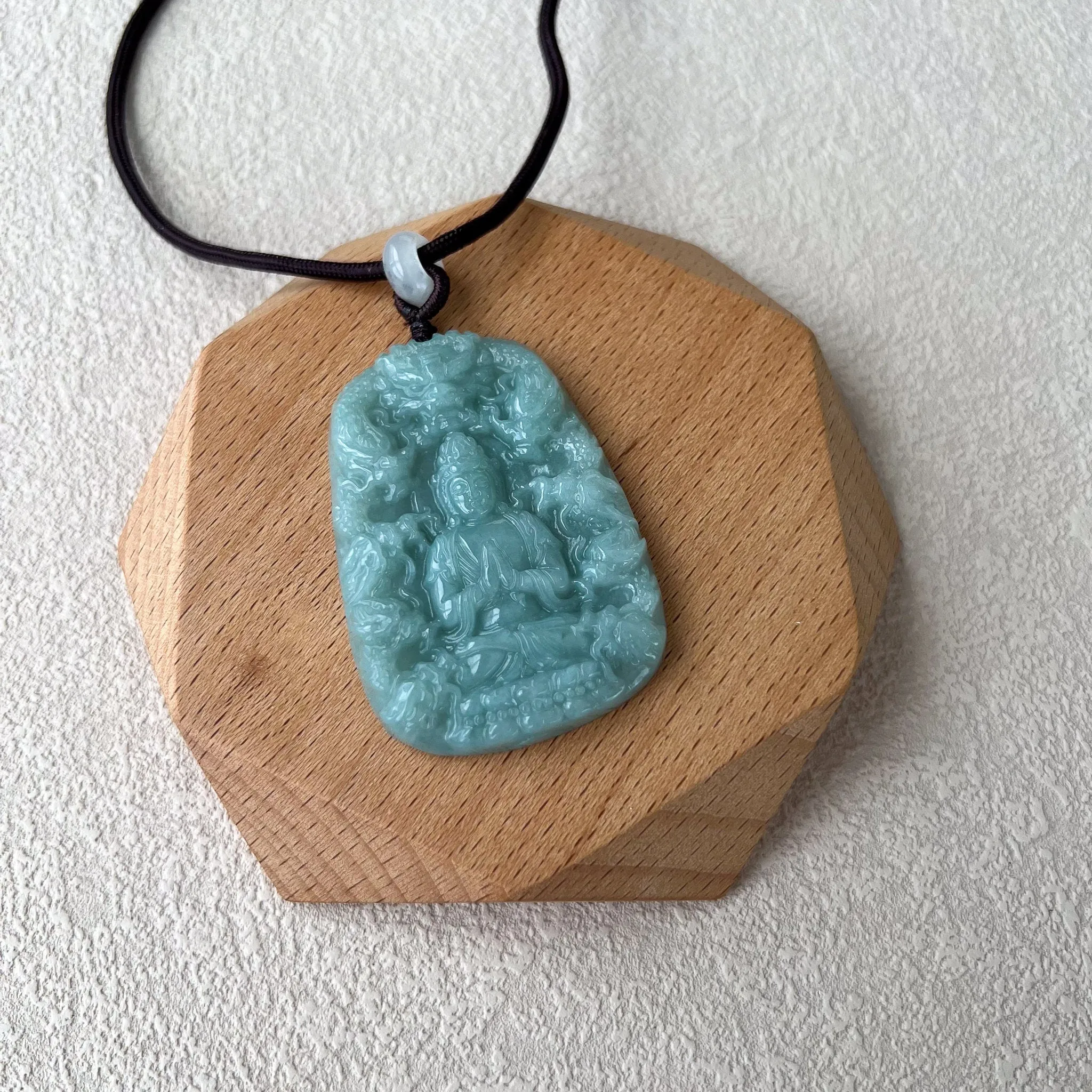 Green Jadeite Jade Guan Yin Kwan Yin Protected by Dragons Avalokitesvara Carved Pendant, BGC-0323-0038610