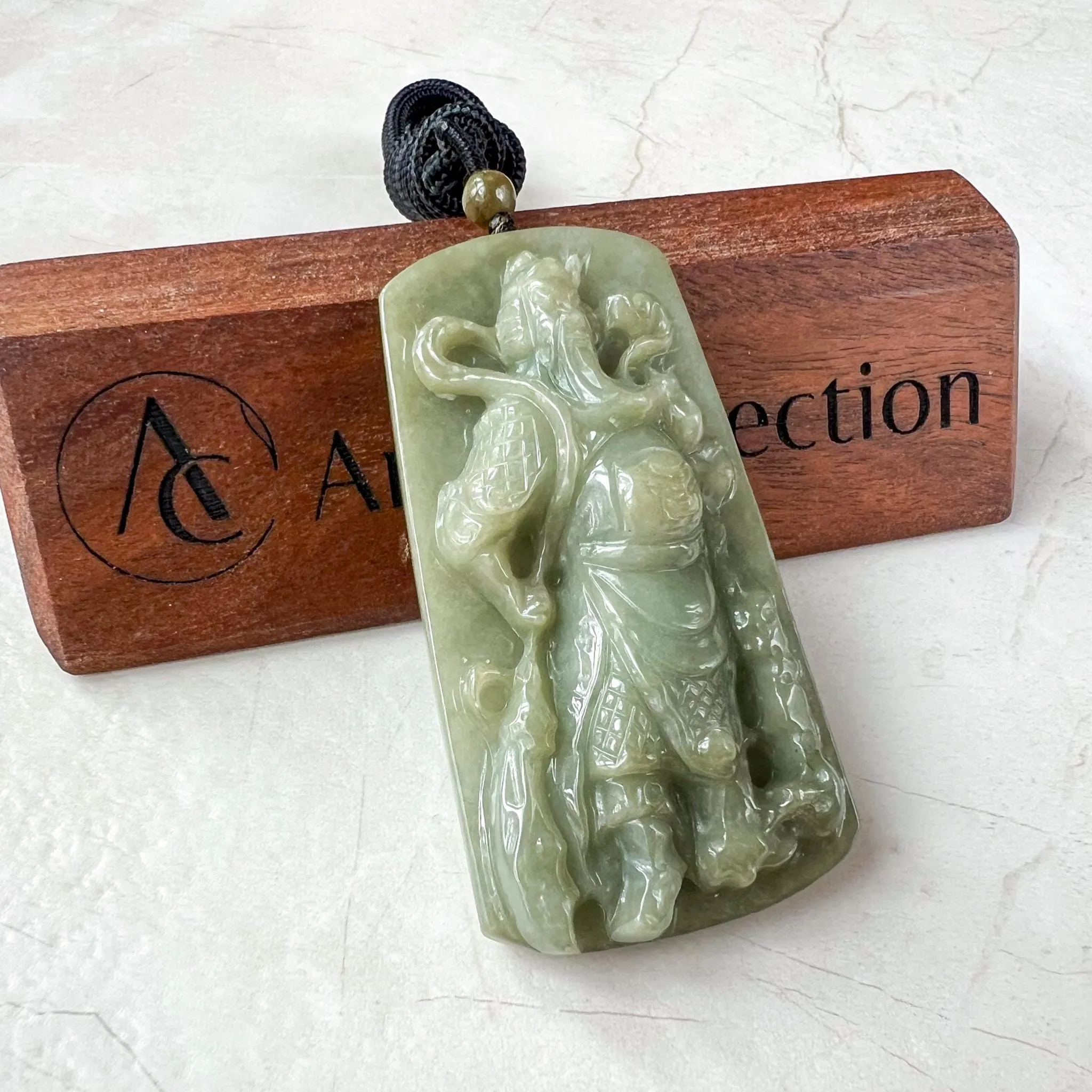 Green Jadeite Jade Guan Yu Guan Gong Carved Pendant Necklace, YJ-1122-0288534