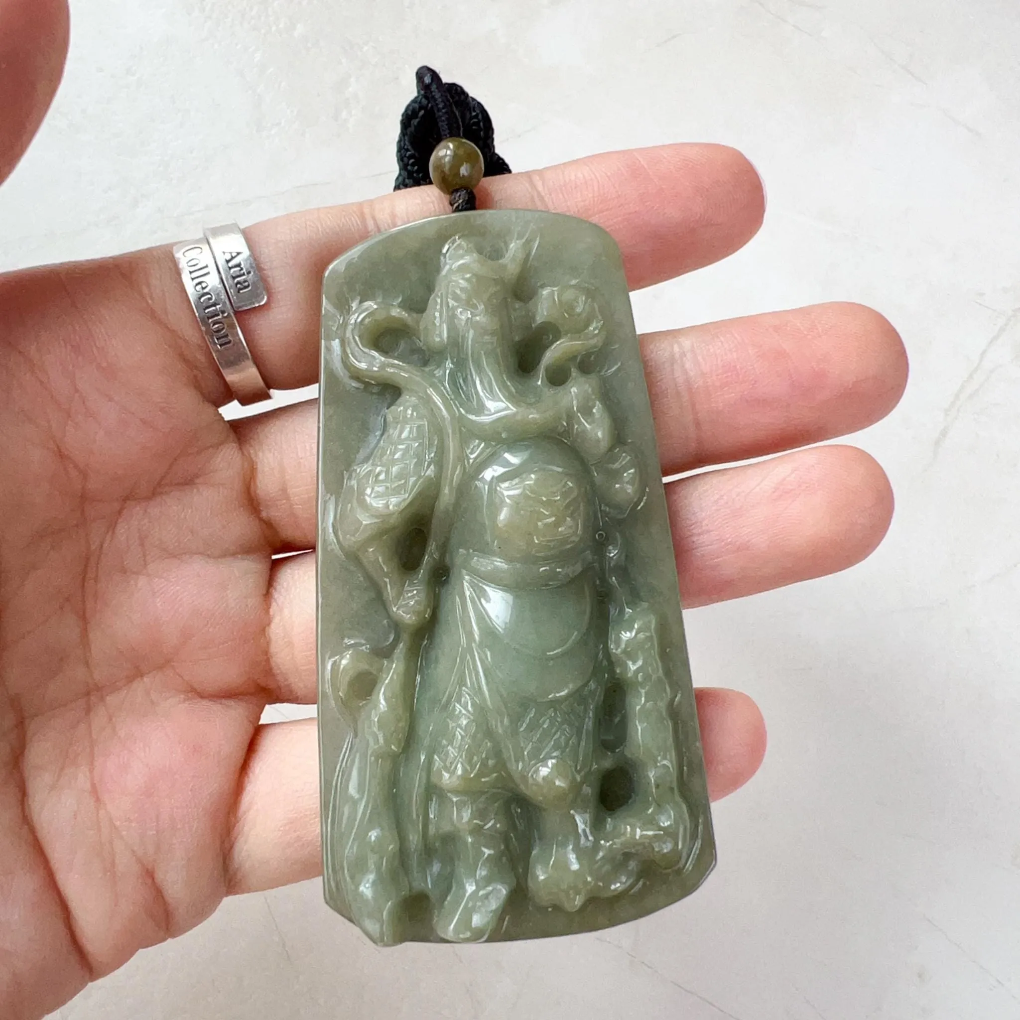 Green Jadeite Jade Guan Yu Guan Gong Carved Pendant Necklace, YJ-1122-0288534