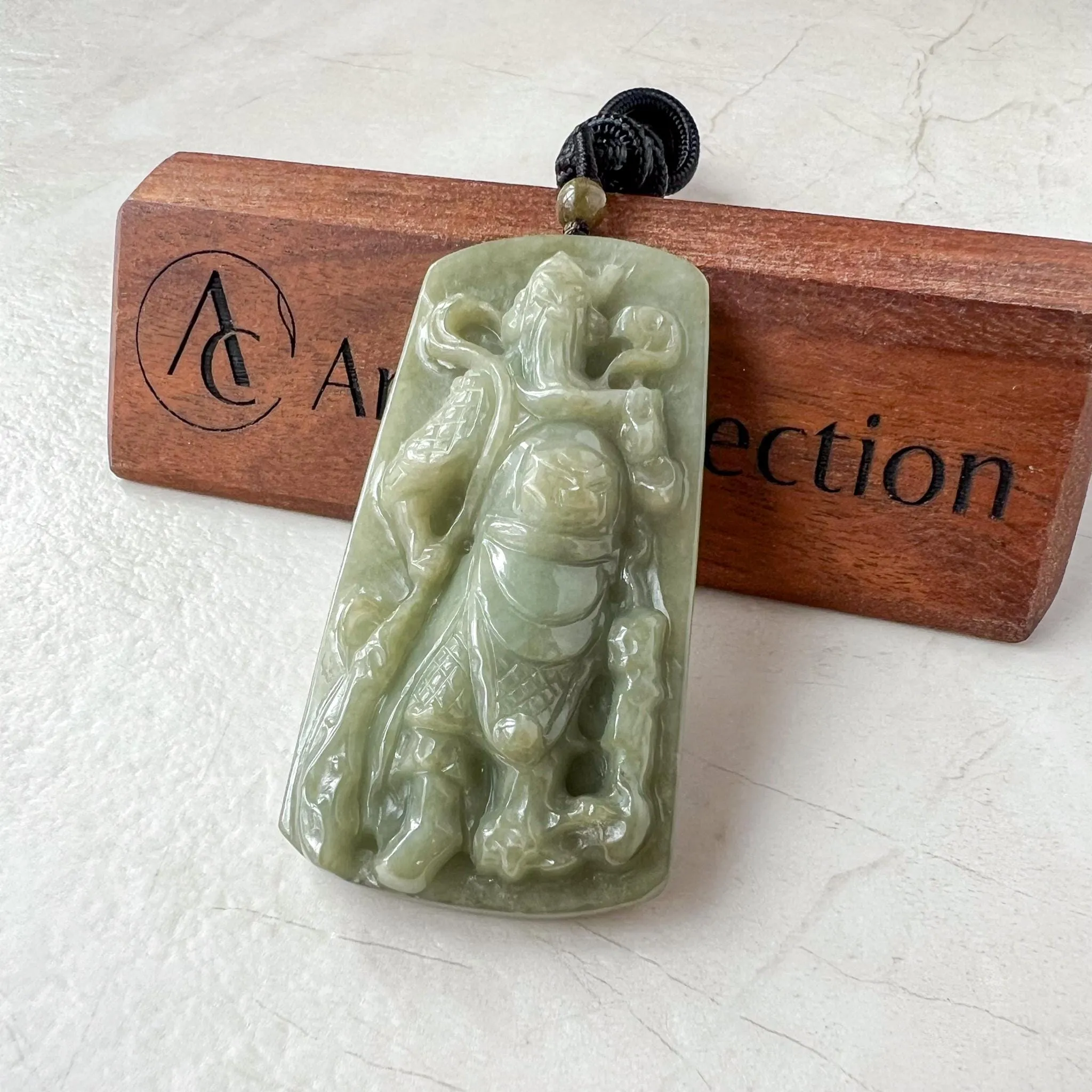 Green Jadeite Jade Guan Yu Guan Gong Carved Pendant Necklace, YJ-1122-0288534