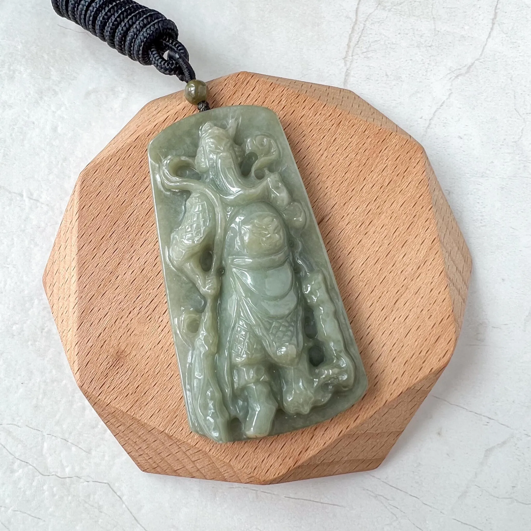 Green Jadeite Jade Guan Yu Guan Gong Carved Pendant Necklace, YJ-1122-0288534