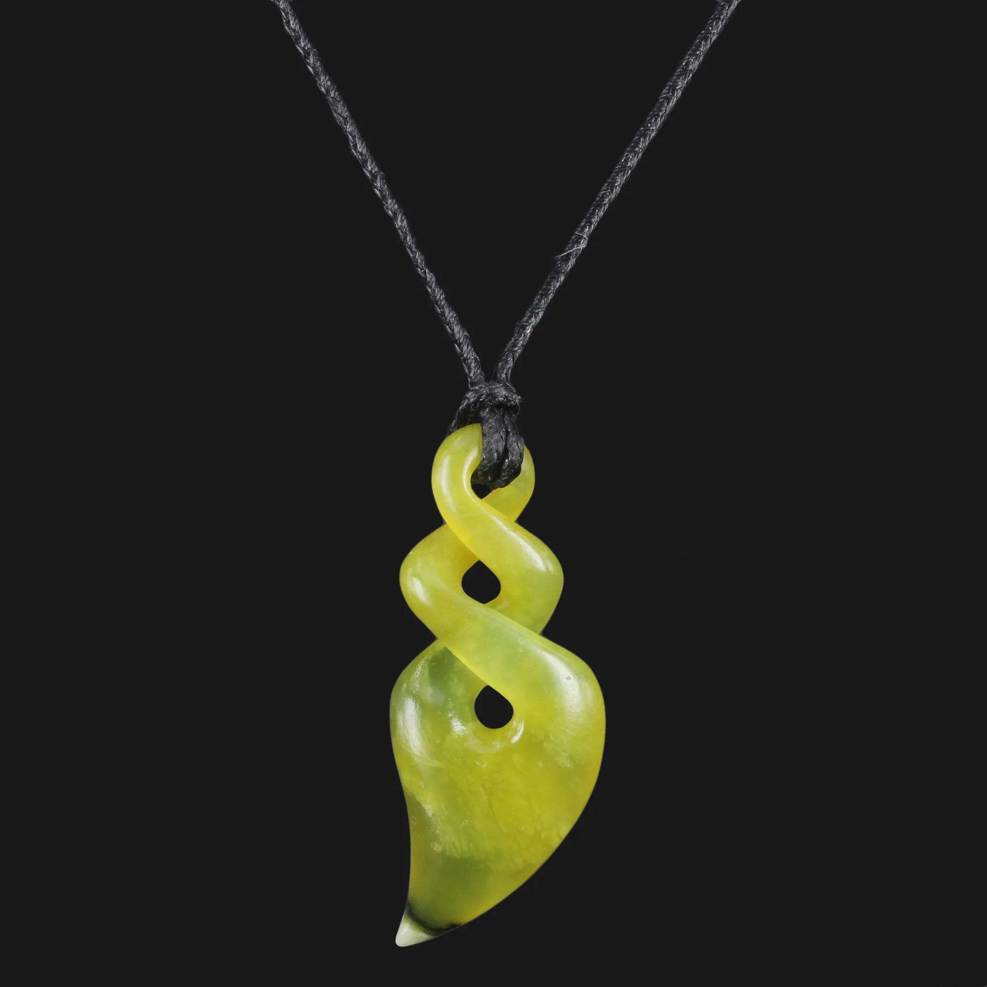 Handmade Maori Double Twist / Pikorua Jade Pendant Necklace - Timeless Green Flower Jade Jewelry for Women and Men with Adjustable Wax Cord