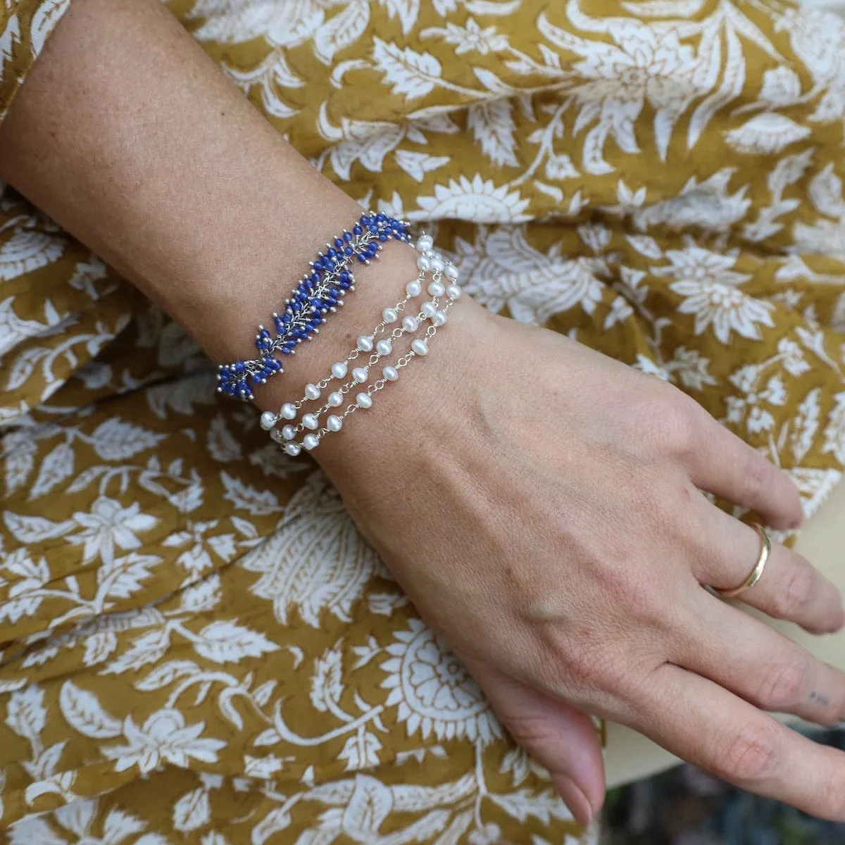 Handmade Single Fuzzy Bead Chain of Tiny Blue Onyx Bracelet