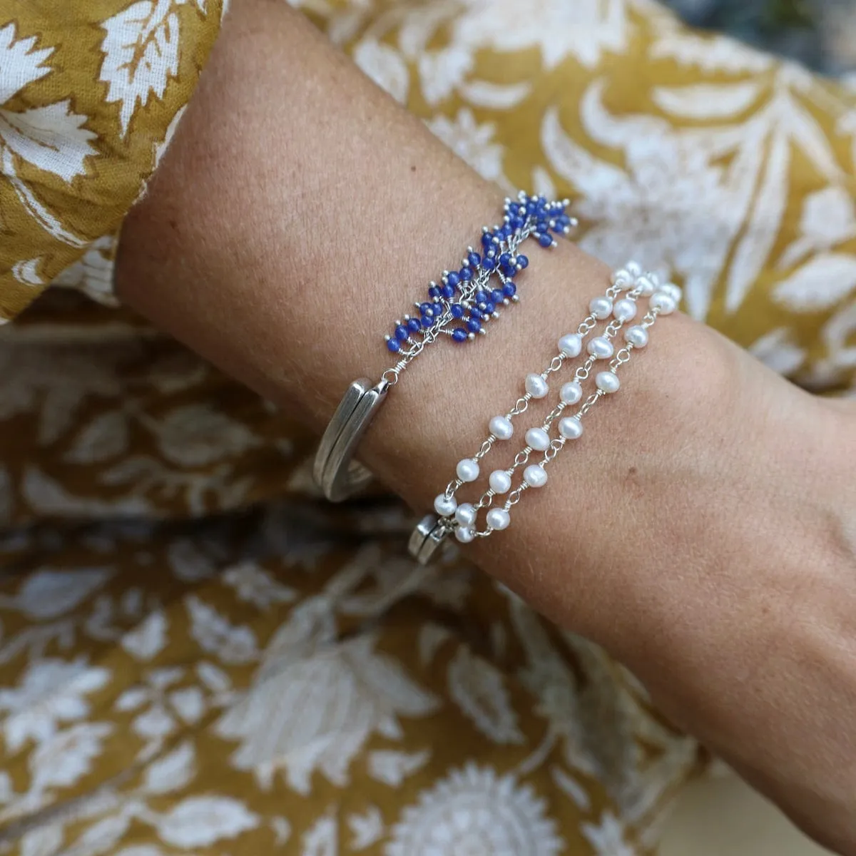 Handmade Single Fuzzy Bead Chain of Tiny Blue Onyx Bracelet