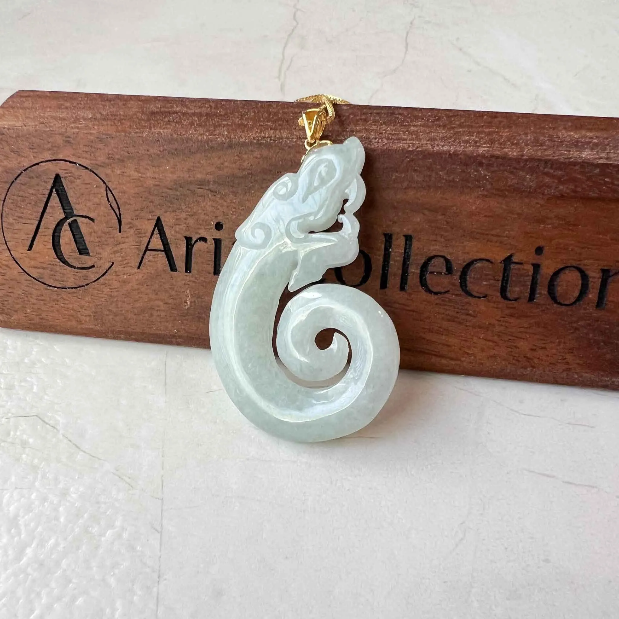 Jade Twisted Dragon Pendant with 18K Gold, White Jadeite Jade Zodiac Hand Carved Pendant