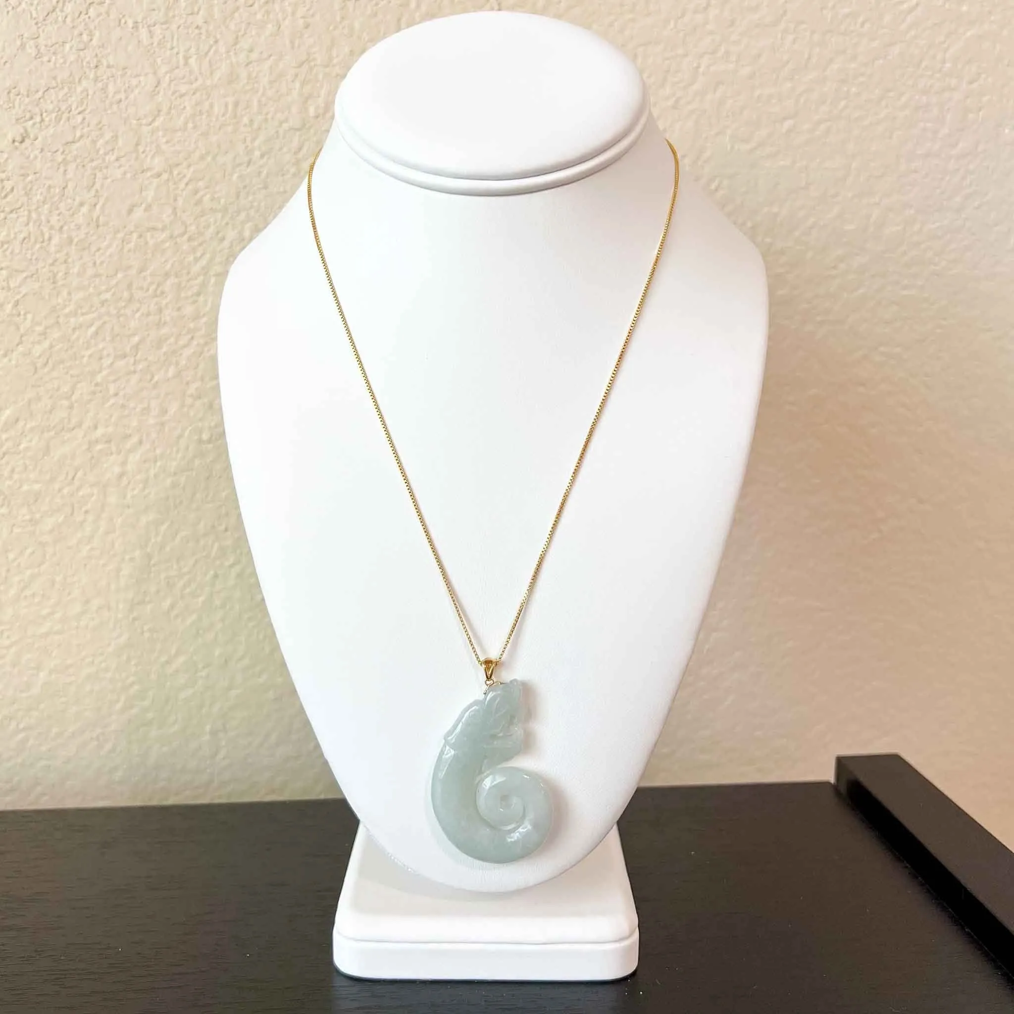 Jade Twisted Dragon Pendant with 18K Gold, White Jadeite Jade Zodiac Hand Carved Pendant