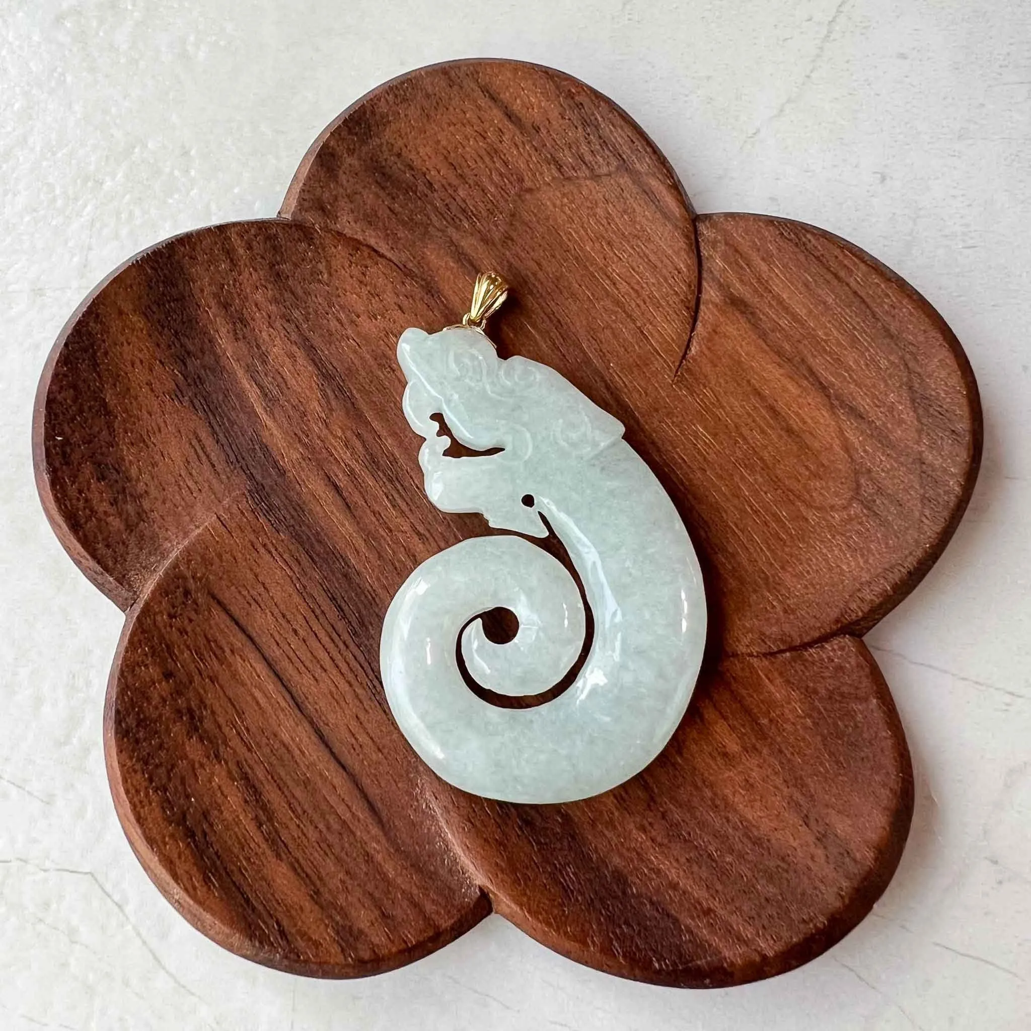 Jade Twisted Dragon Pendant with 18K Gold, White Jadeite Jade Zodiac Hand Carved Pendant