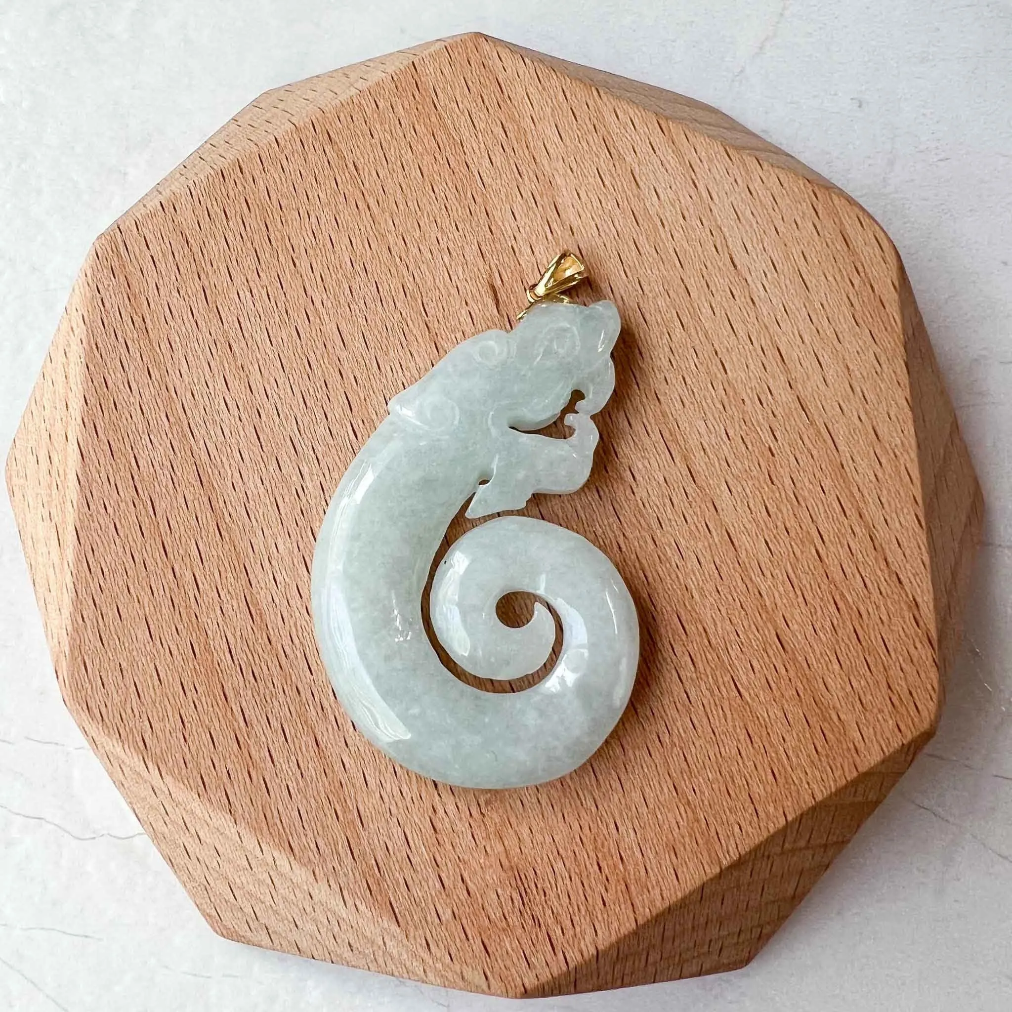 Jade Twisted Dragon Pendant with 18K Gold, White Jadeite Jade Zodiac Hand Carved Pendant