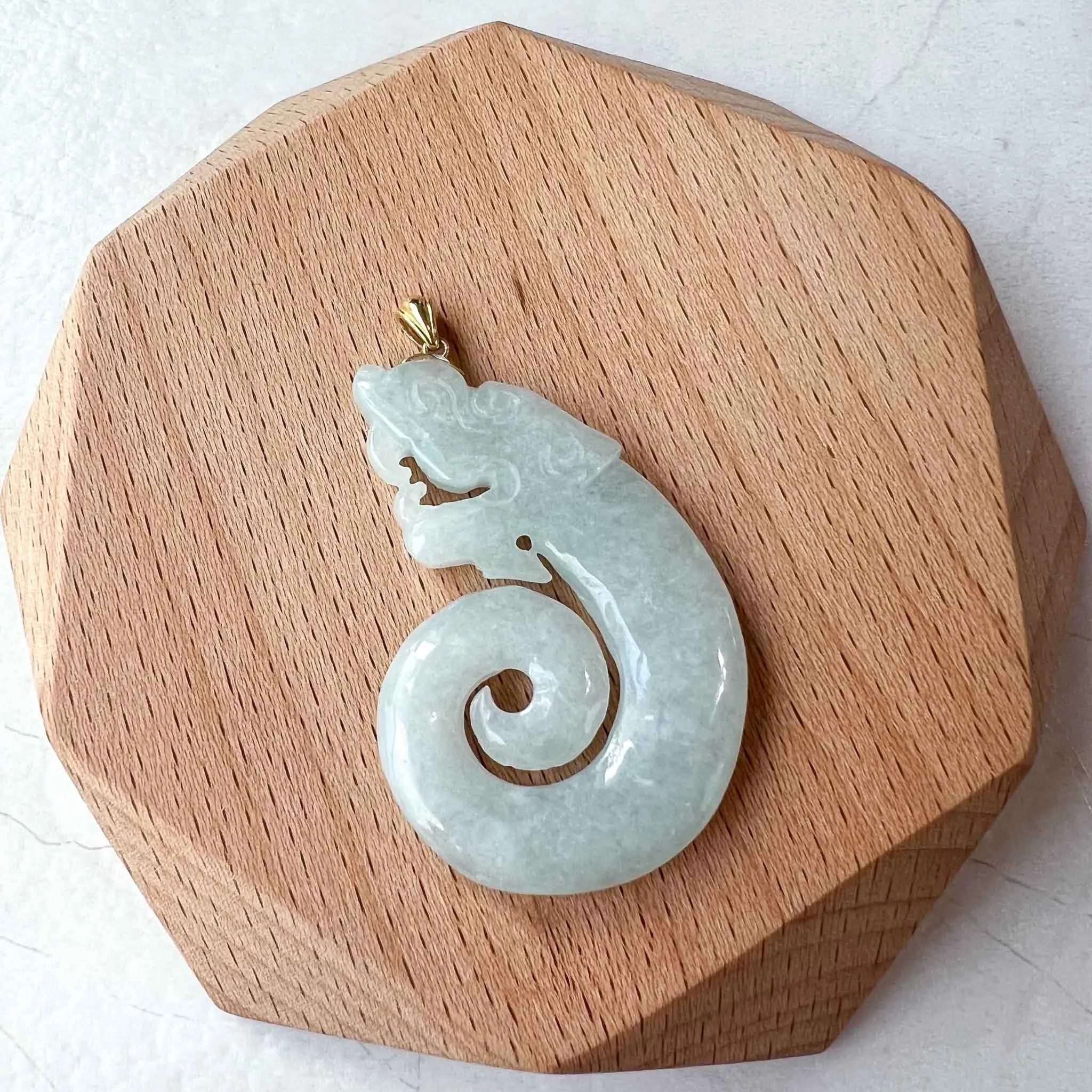 Jade Twisted Dragon Pendant with 18K Gold, White Jadeite Jade Zodiac Hand Carved Pendant