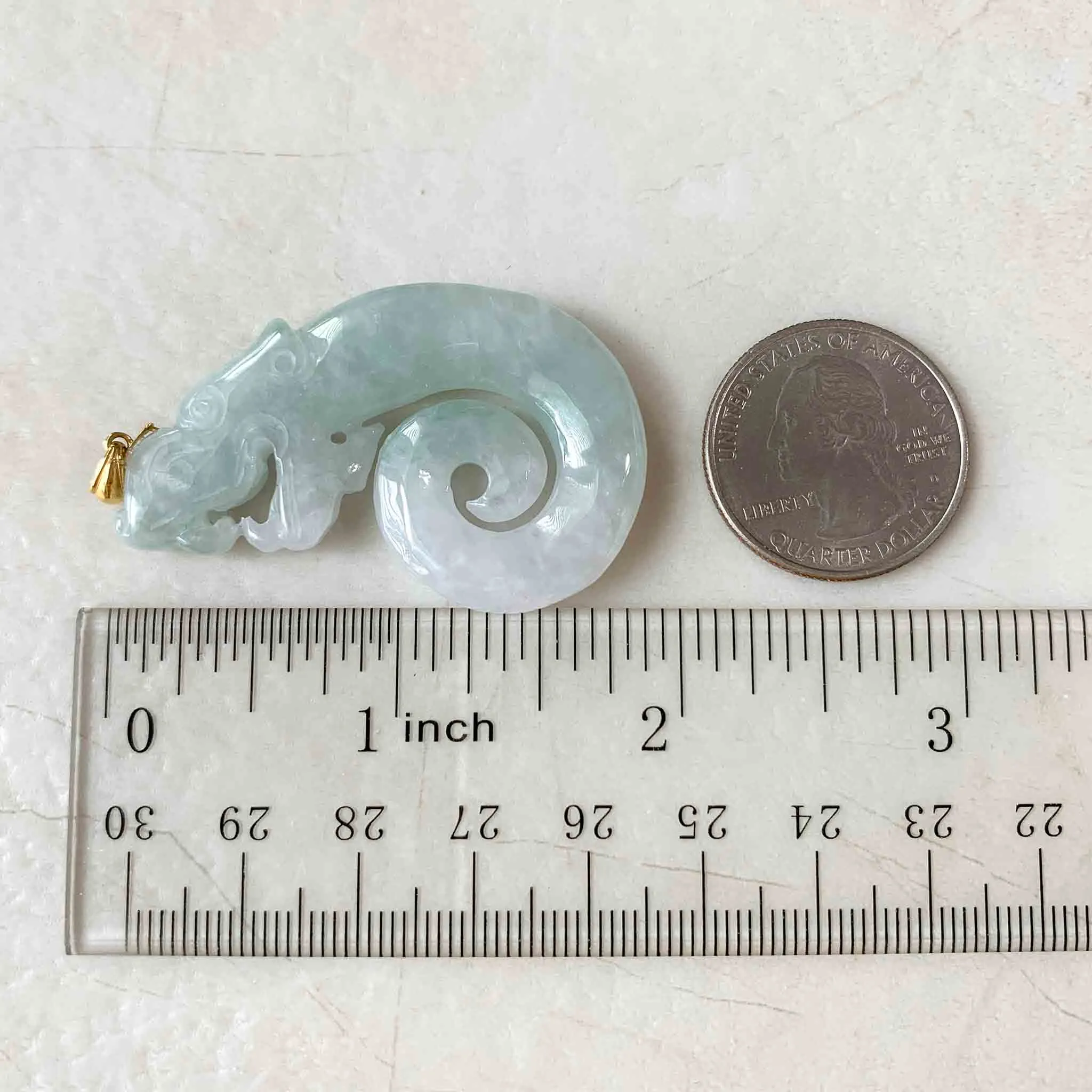 Jade Twisted Dragon Pendant with 18K Gold, White Jadeite Jade Zodiac Hand Carved Pendant