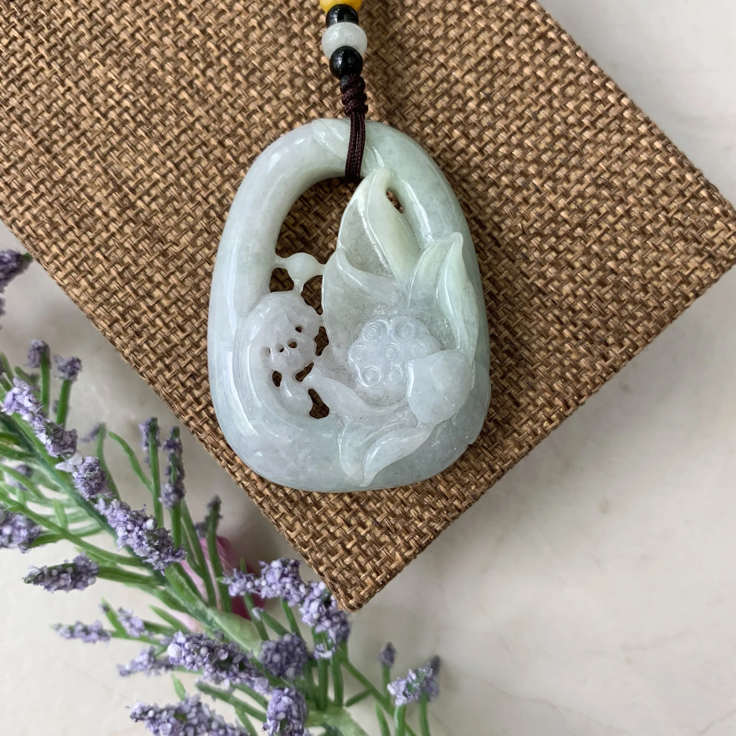 Jadeite Jade Lotus Flower Hand Carved Necklace, YJ-0321-0430260