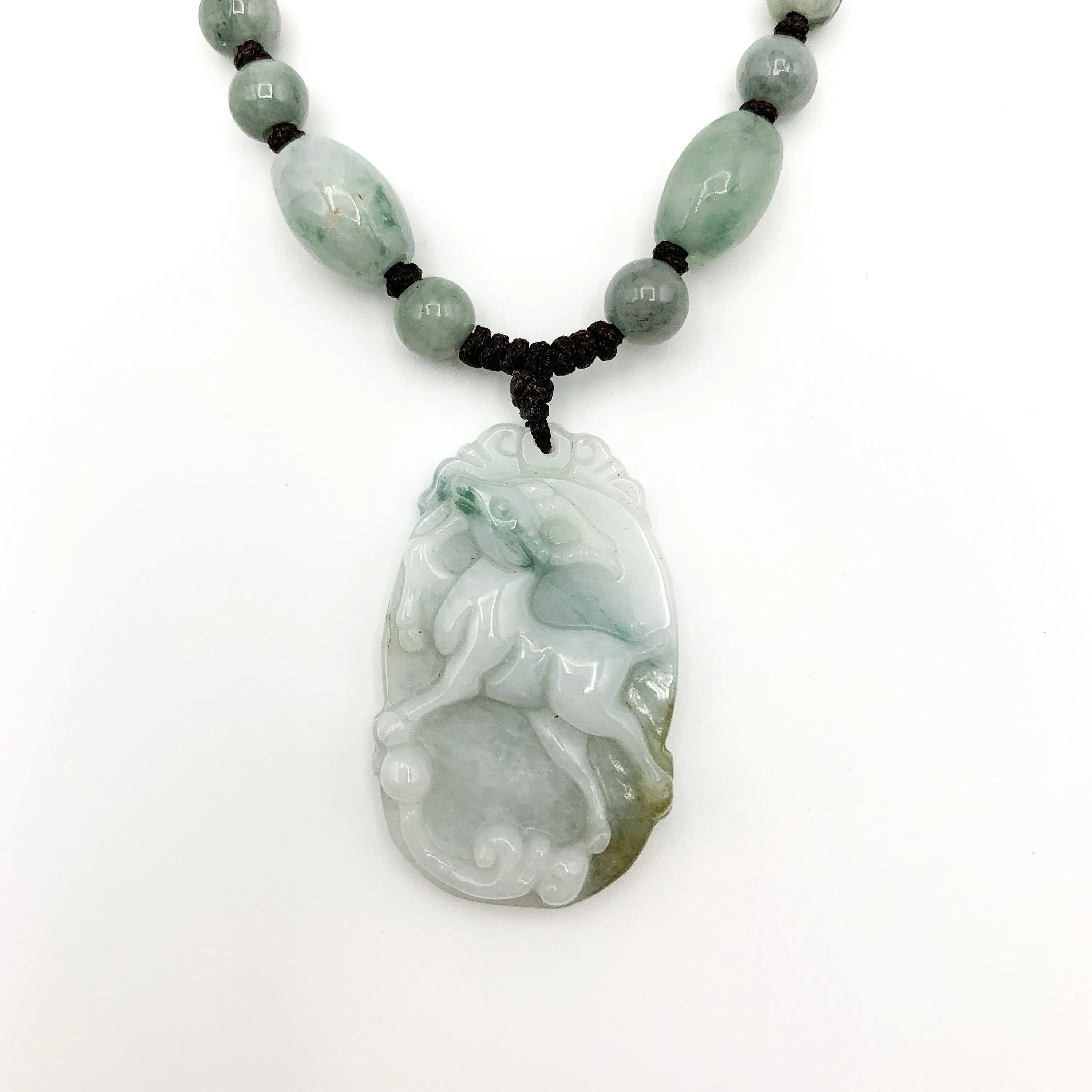 Jadeite Jade Sheep Goat Ram Chinese Zodiac Carved Pendant Necklace, YW-0321-1646246117
