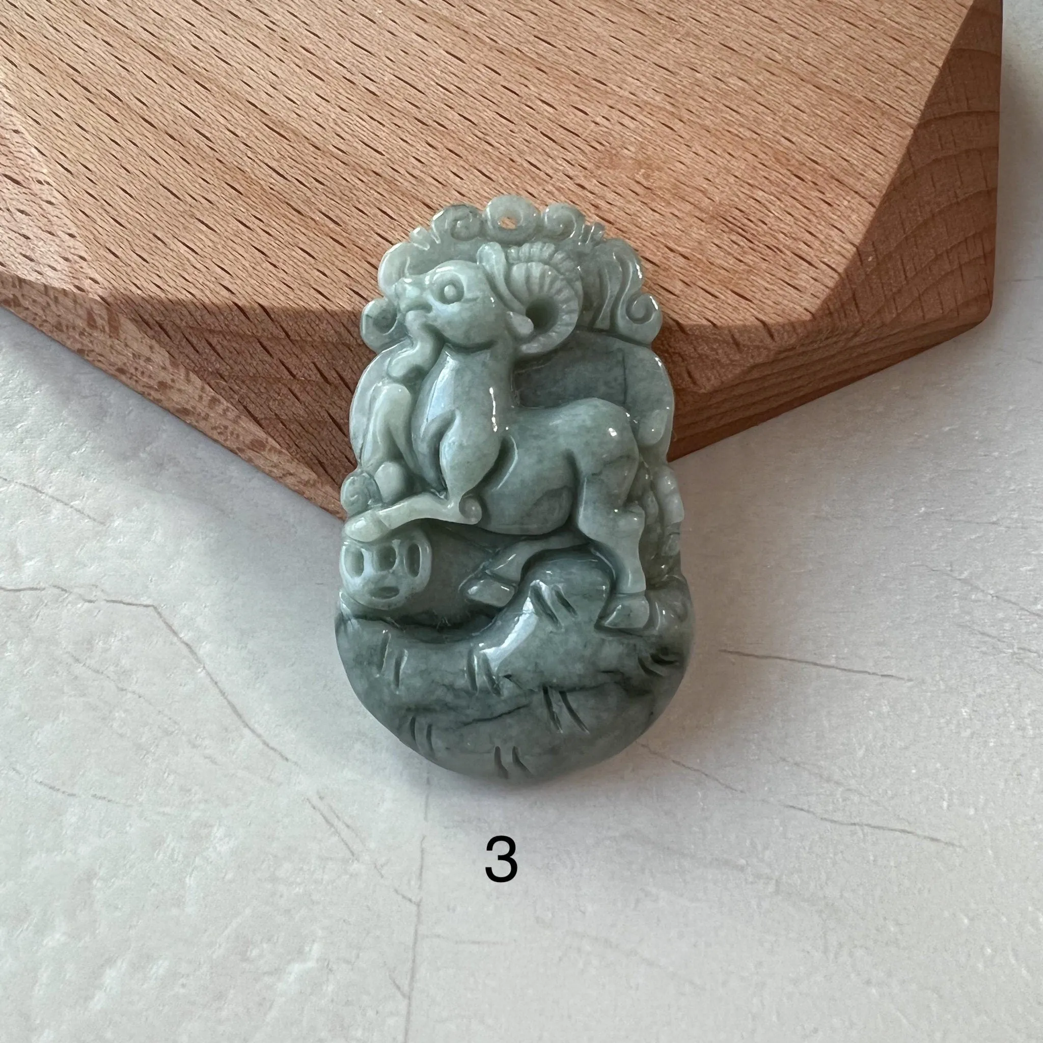 Jadeite Jade Sheep Goat Ram Chinese Zodiac Carved Pendant Necklace, YW-0321-1646926431