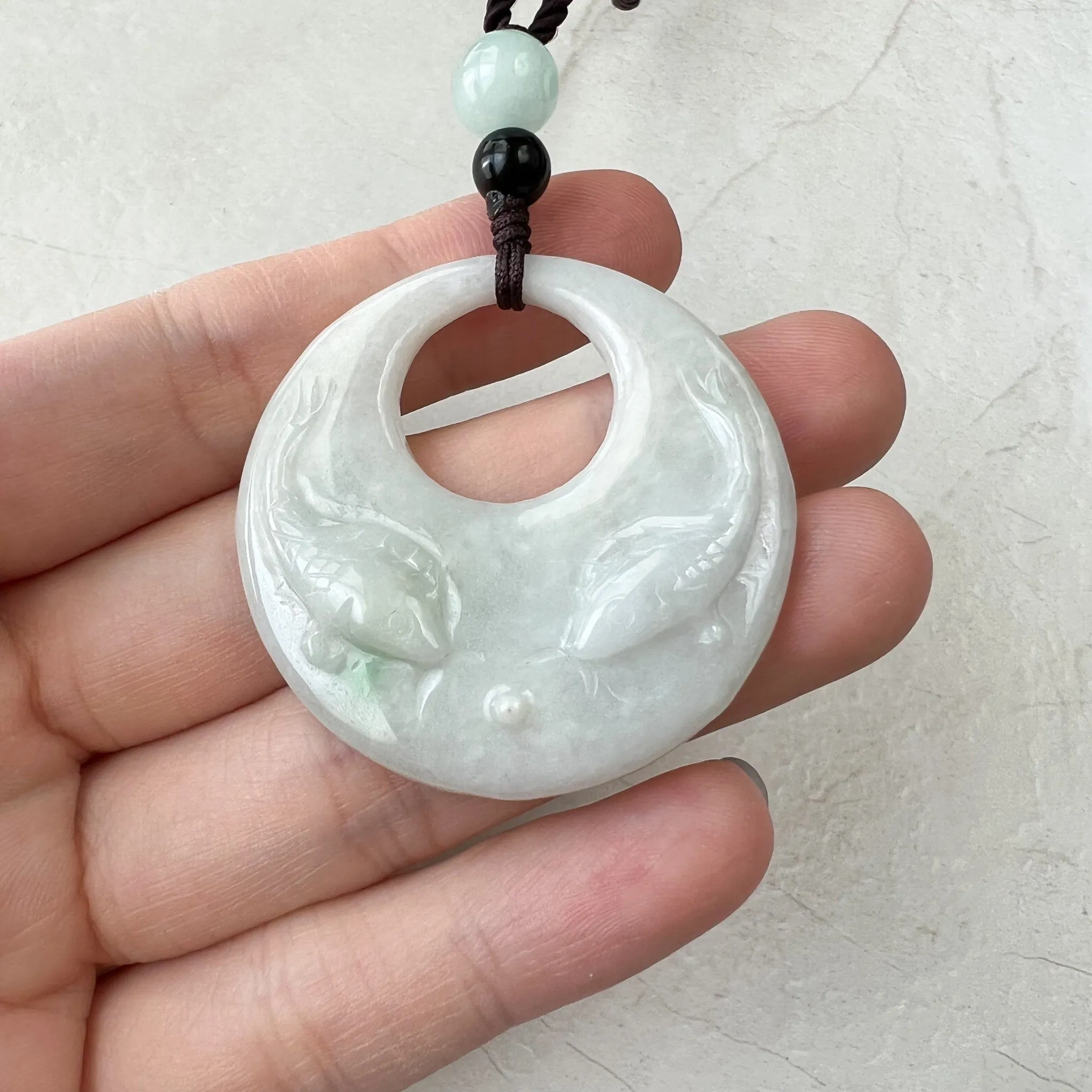 Jadeite Jade Twin Fish, Pisces Zodiac Horoscope Necklace, Hand Carved Pendant Necklace, YJ-1221-0315209-1