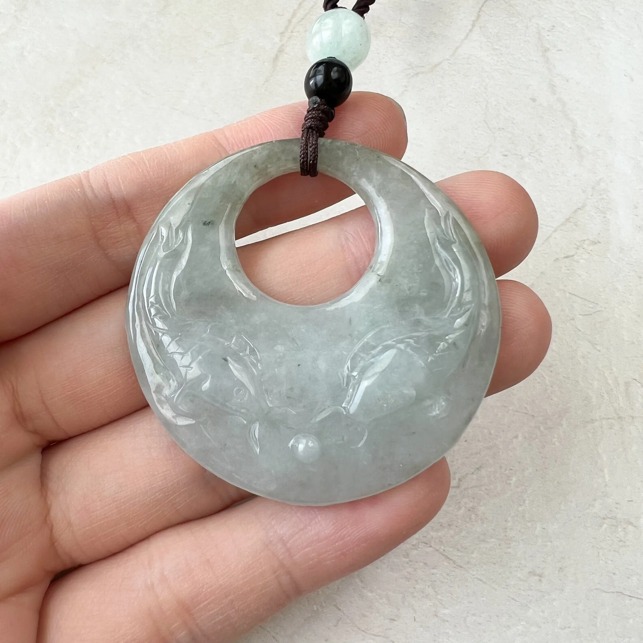 Jadeite Jade Twin Fish, Pisces Zodiac Horoscope Necklace, Hand Carved Pendant Necklace, YJ-1221-0315209-2