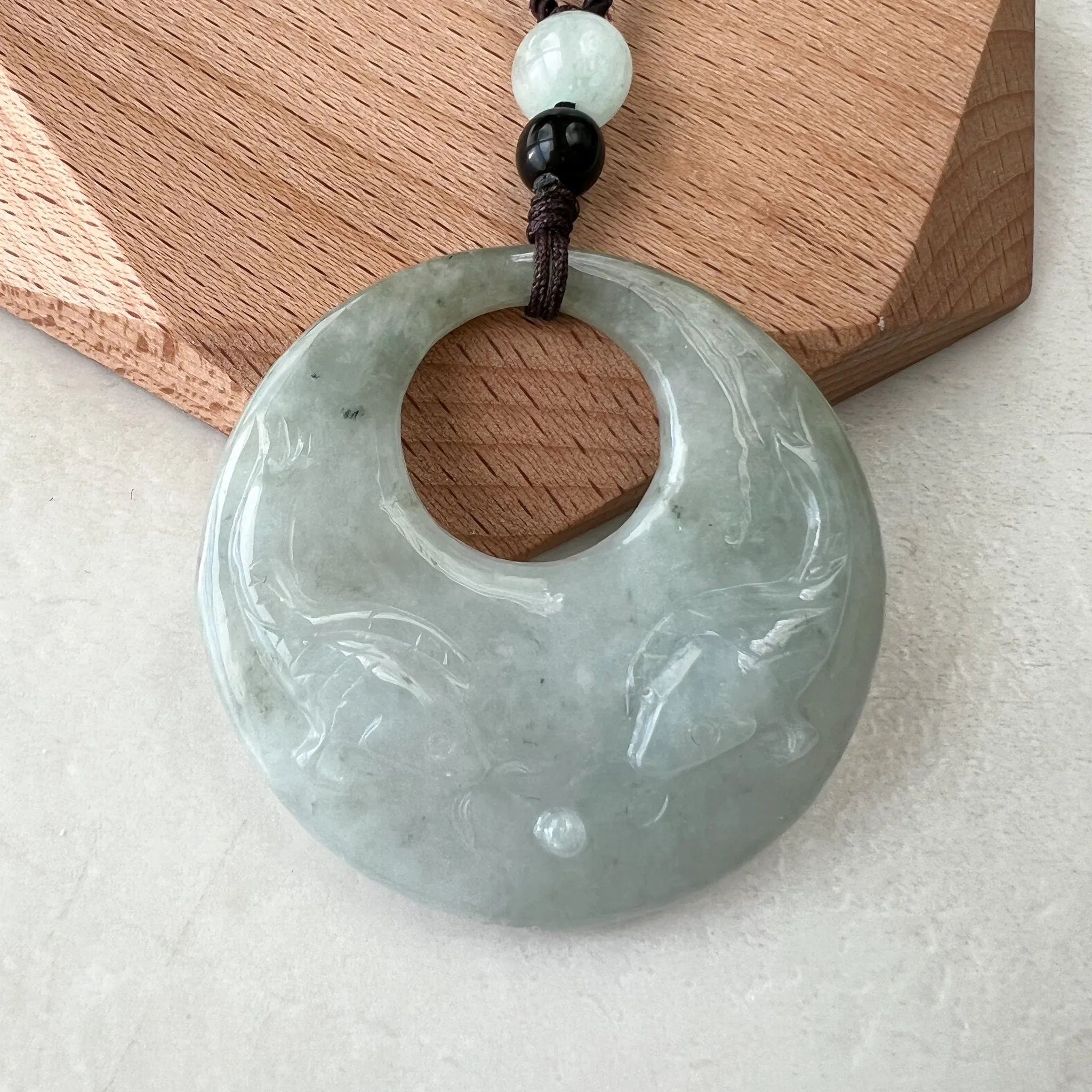 Jadeite Jade Twin Fish, Pisces Zodiac Horoscope Necklace, Hand Carved Pendant Necklace, YJ-1221-0315209-2