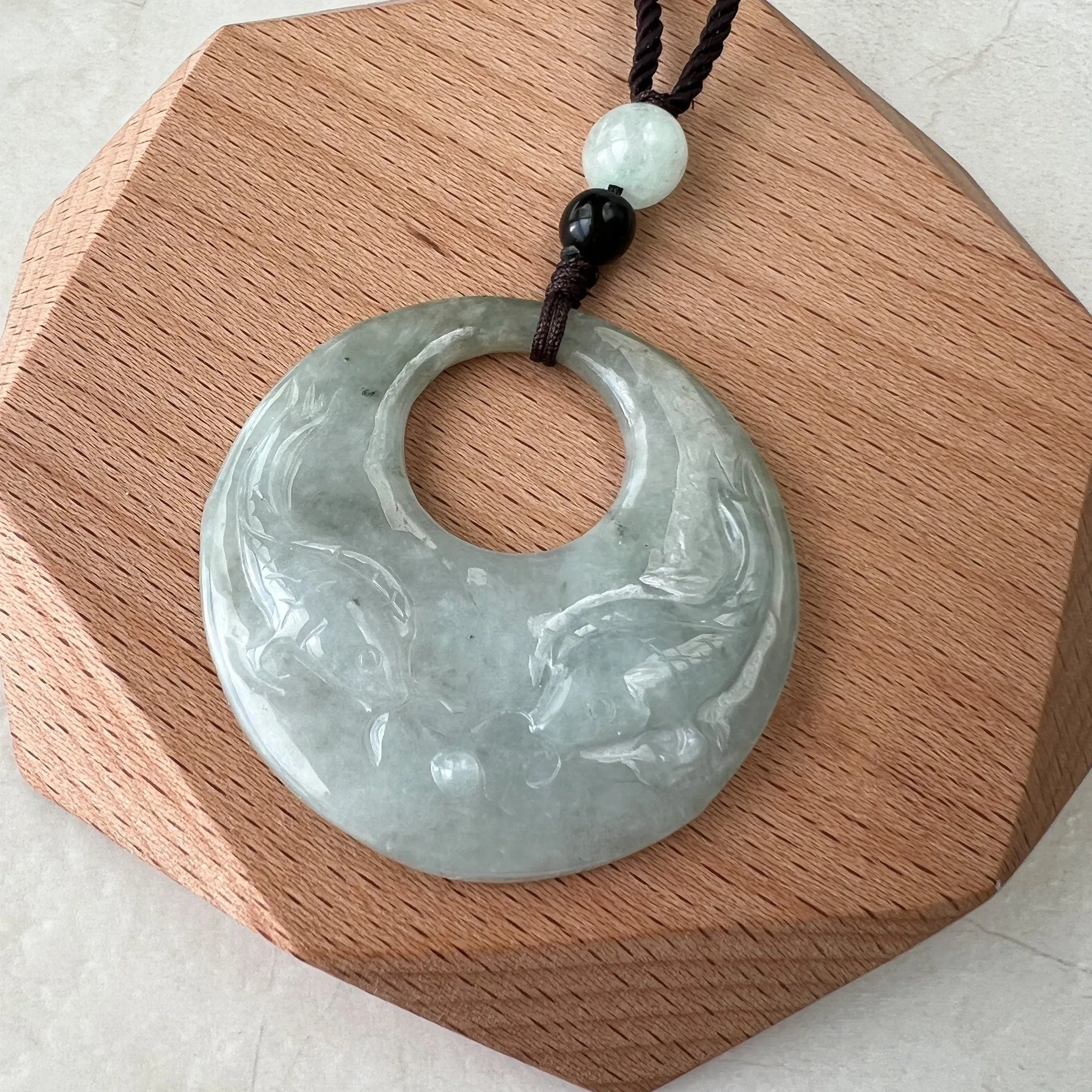 Jadeite Jade Twin Fish, Pisces Zodiac Horoscope Necklace, Hand Carved Pendant Necklace, YJ-1221-0315209-2