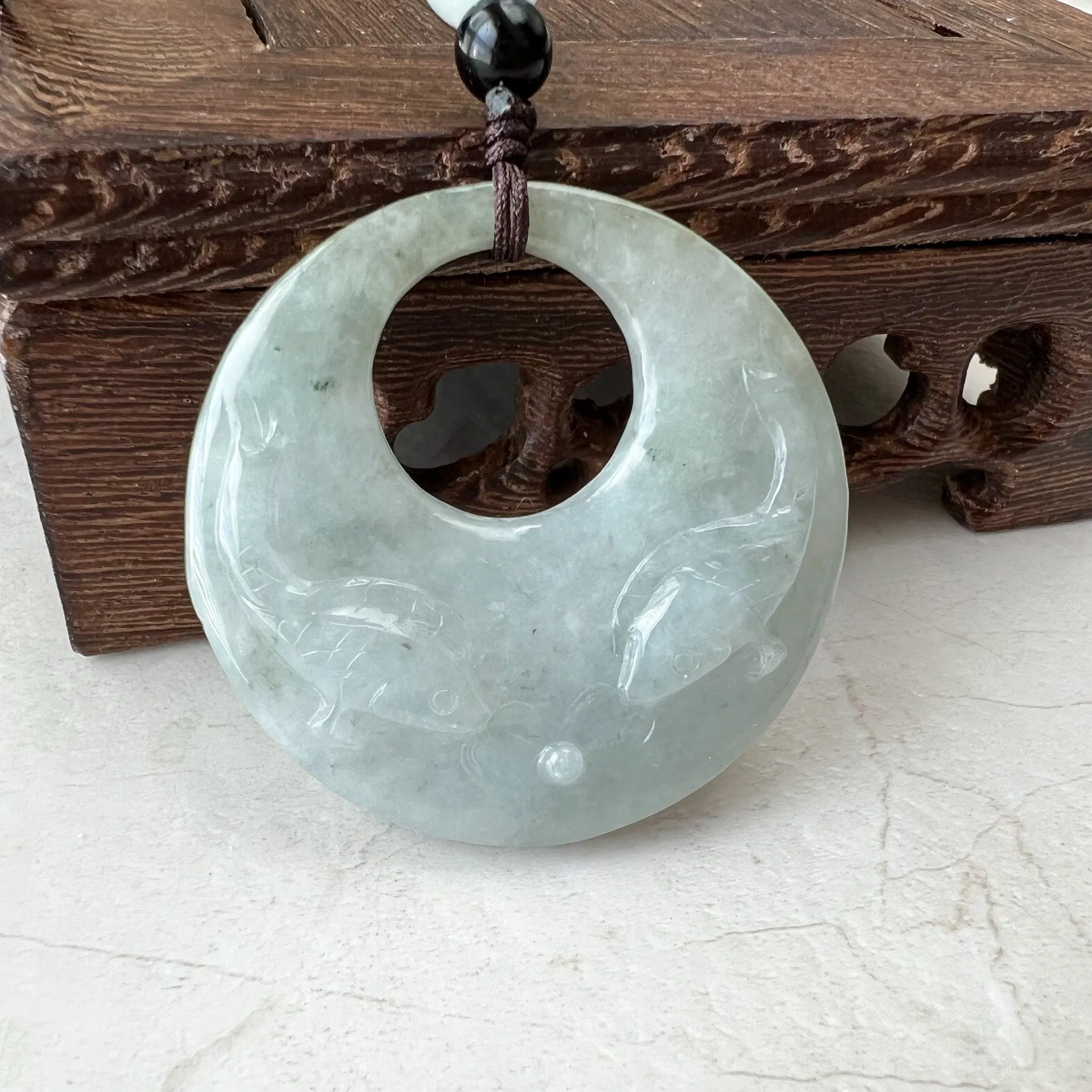 Jadeite Jade Twin Fish, Pisces Zodiac Horoscope Necklace, Hand Carved Pendant Necklace, YJ-1221-0315209-2