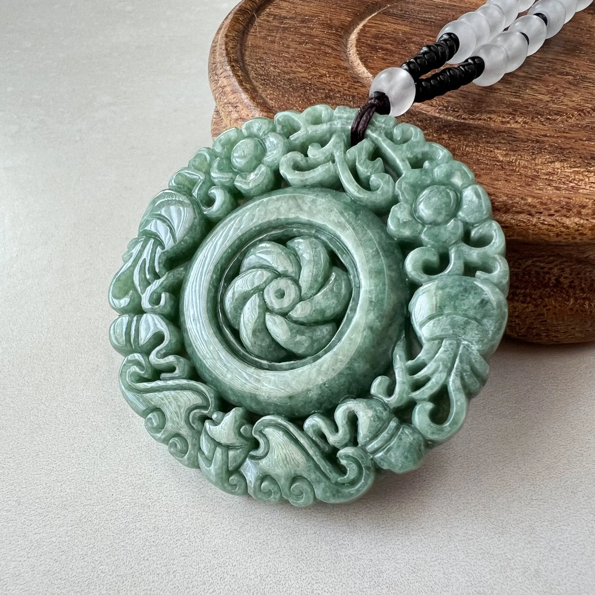 Large Green Jadeite Jade Flower Swirl Necklace, YJ-0622-0441823