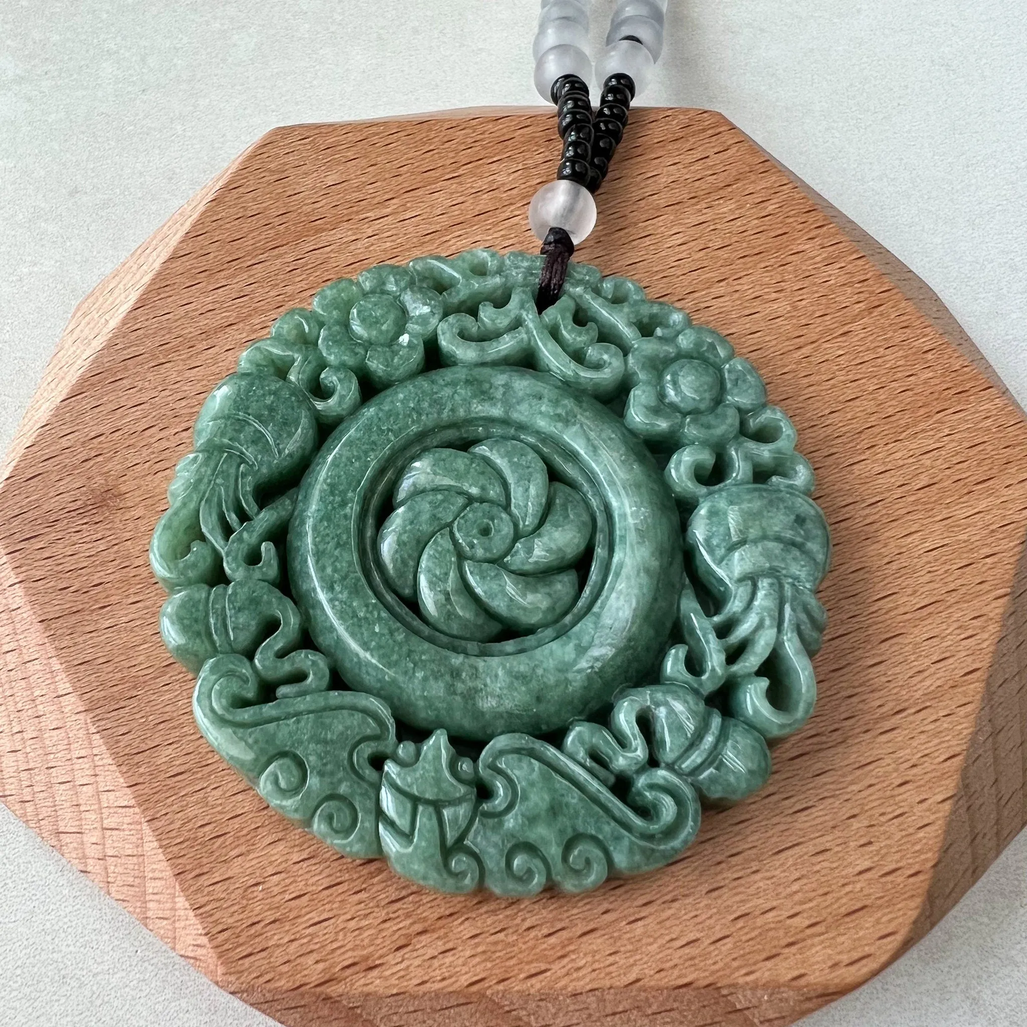 Large Green Jadeite Jade Flower Swirl Necklace, YJ-0622-0441823