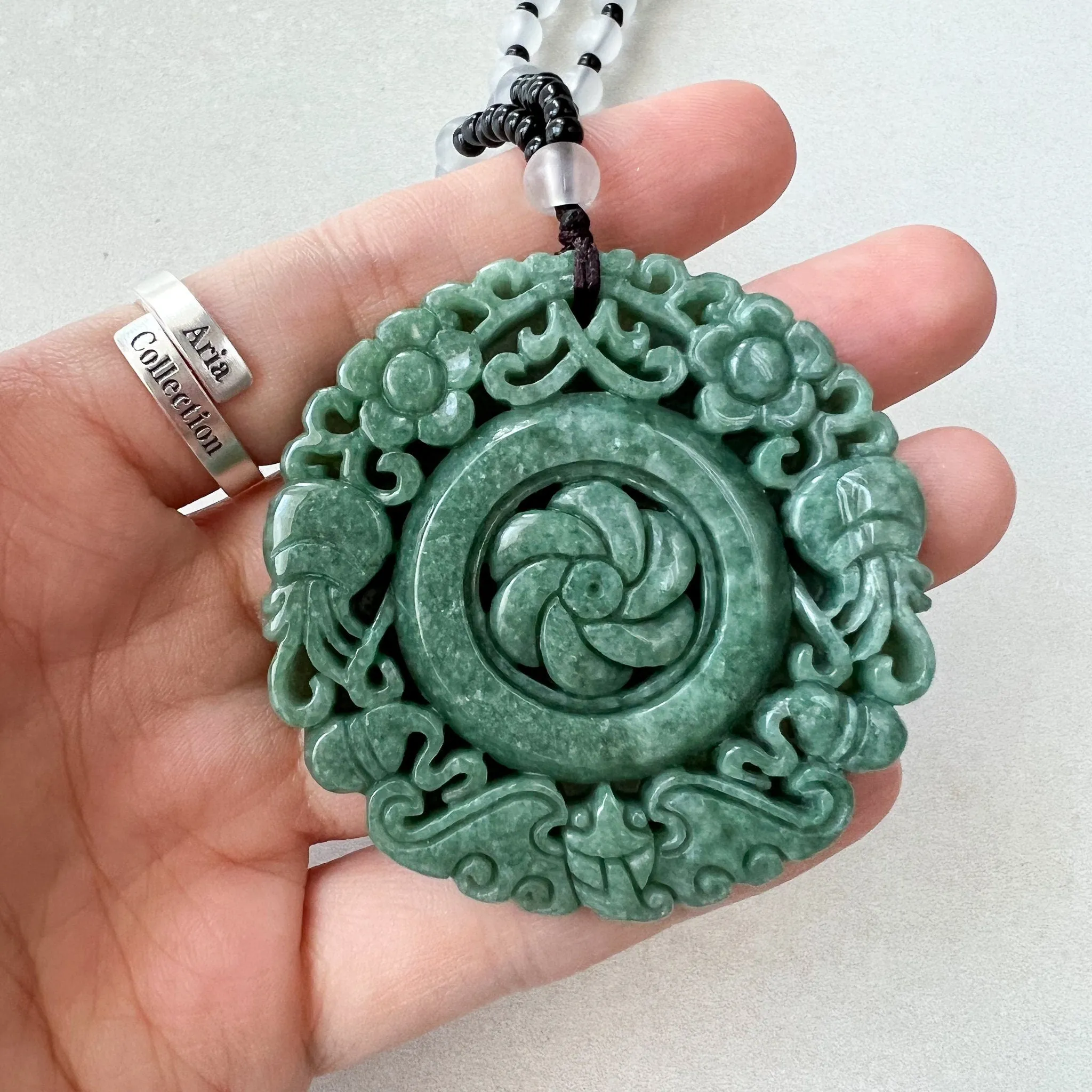 Large Green Jadeite Jade Flower Swirl Necklace, YJ-0622-0441823