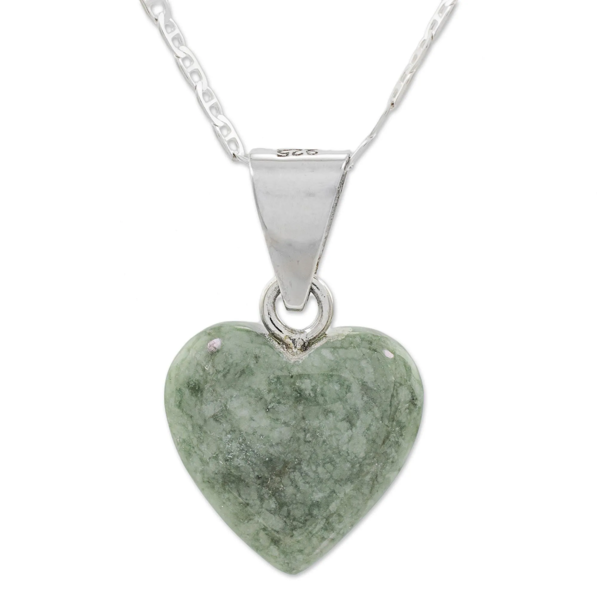 Light Green Jade Silver Heart Pendant Necklace Guatemala - Mayan Heart in Light Green | NOVICA