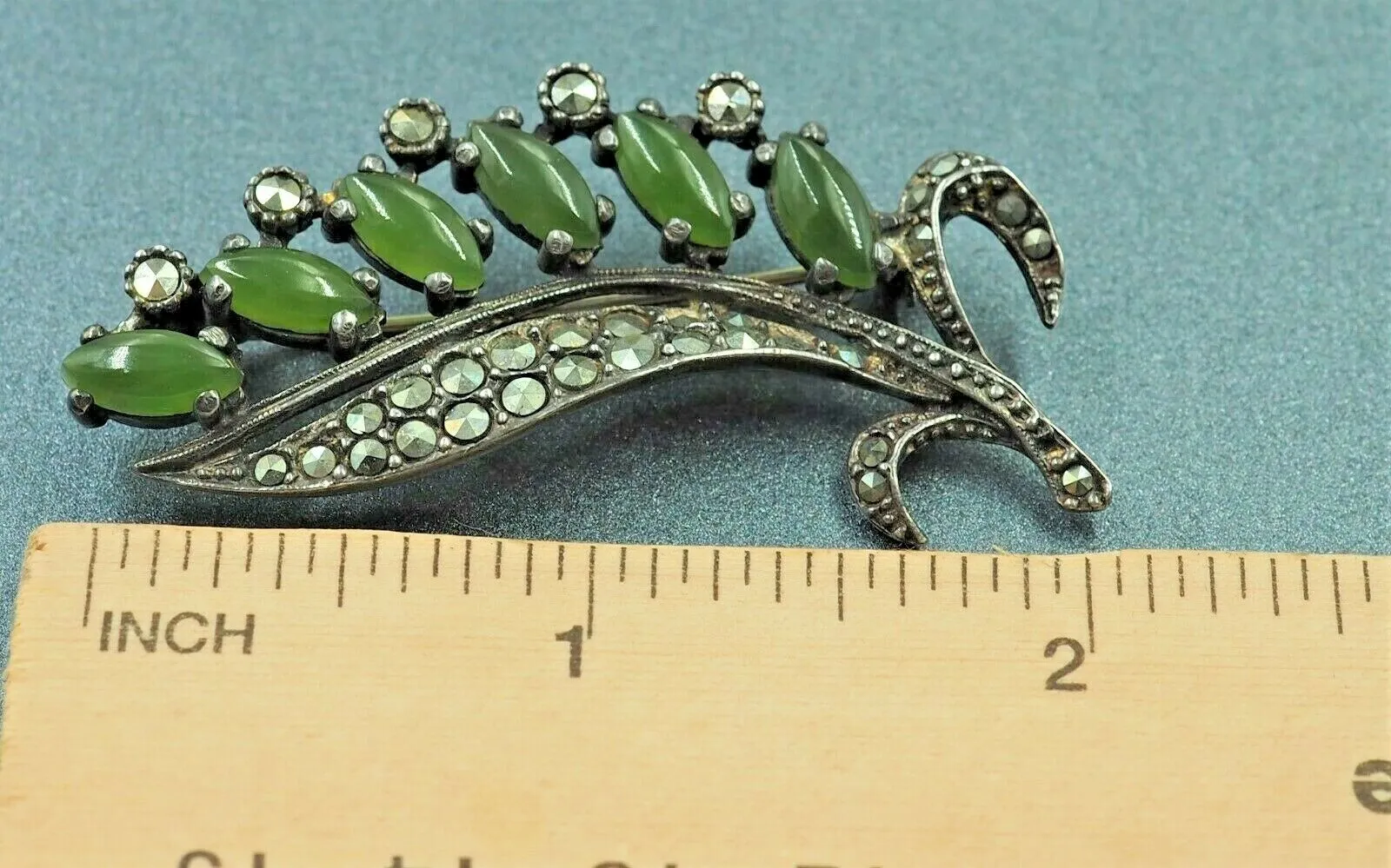 Marcasite & Jade Sterling Silver Brooch