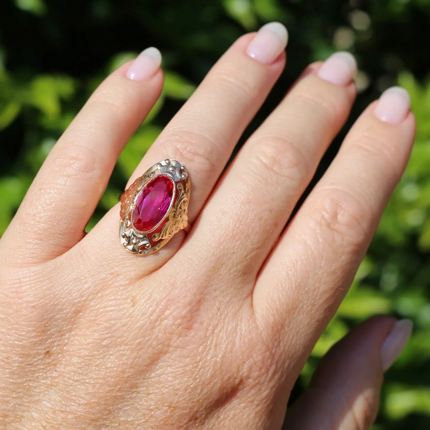 Mid Century Russian Oval Synthetic Ruby in Rosey Gold Floral Setting, 14ct Old Rosey Gold, size N1/2 or 7
