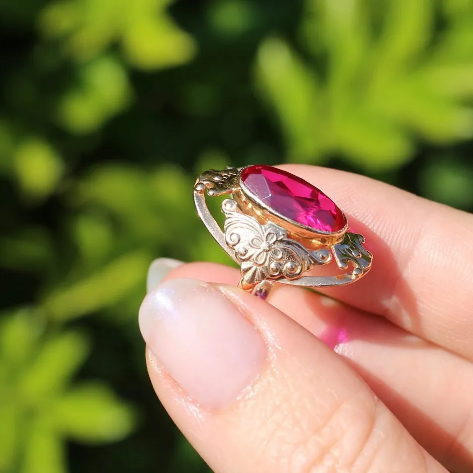 Mid Century Russian Oval Synthetic Ruby in Rosey Gold Floral Setting, 14ct Old Rosey Gold, size N1/2 or 7