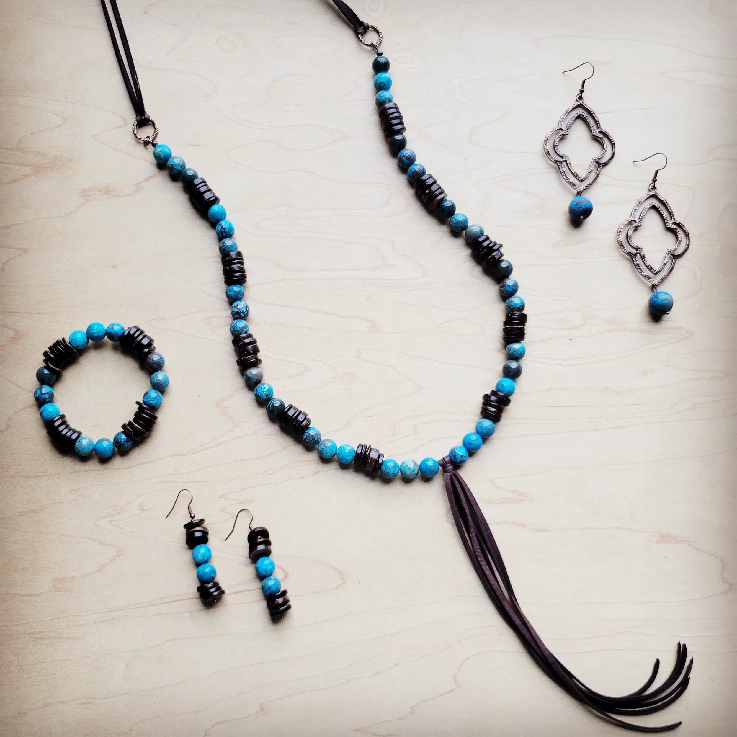 Ocean Agate Beaded Bracelet w/ Leather Tassel and Arrowhead 810k