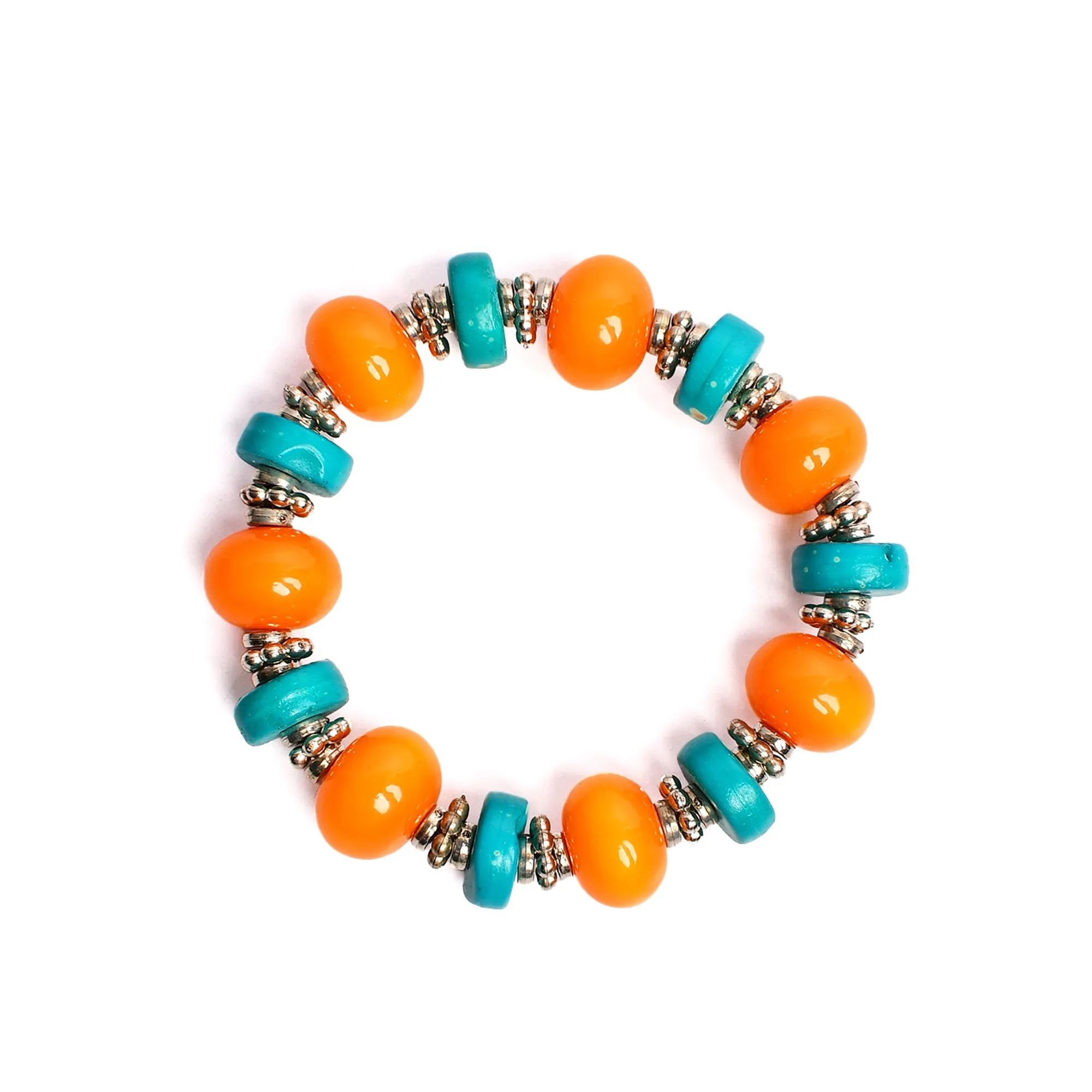 Orange & Turquoise Beaded Stretchable Bracelet by Bamboo Tree Jewels