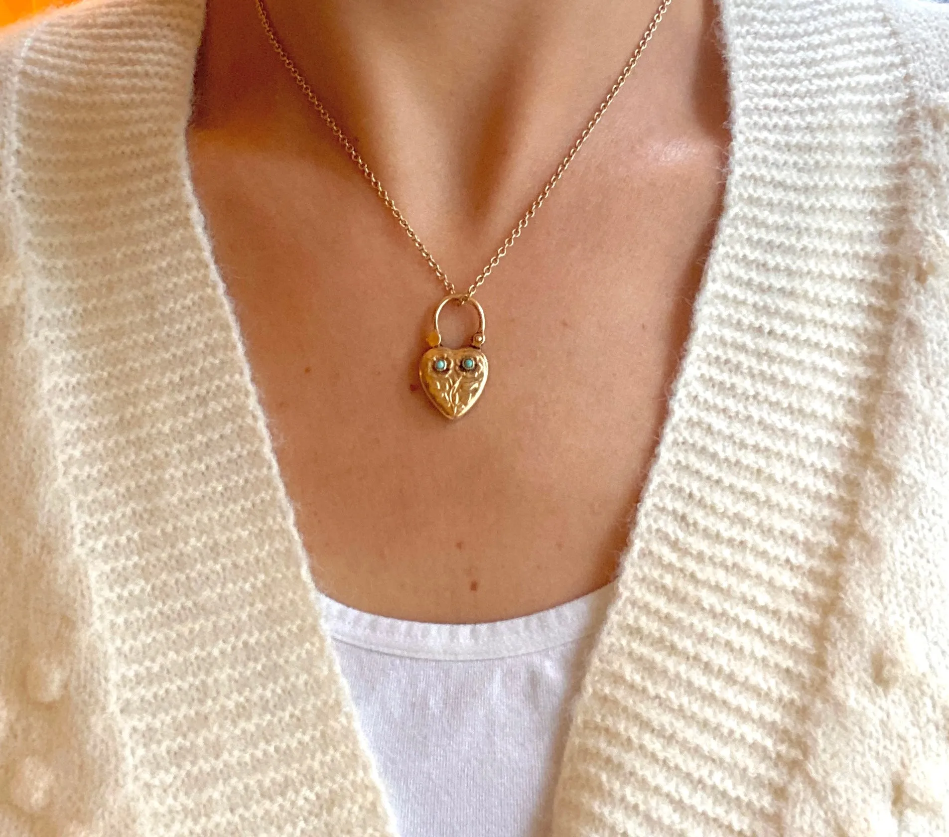 Rare, Vintage, Gold Vermeil, Turquoise and Agate Forget-Me-Not Padlock Charm/Pendant