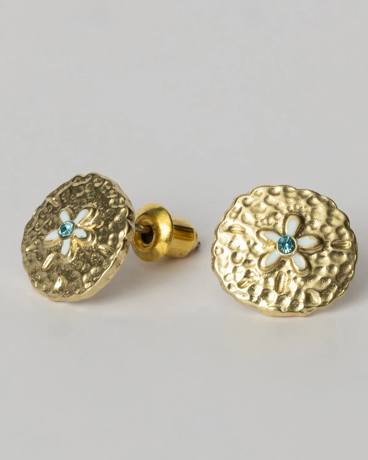 Textured Gold Sand Dollar and Aqua Crystal Stud Earrings Coastal Cowgirl