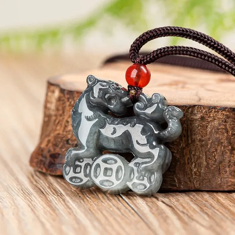 The Vault | Genuine Natural Black Jadeite Tiger Hand Carved Necklace