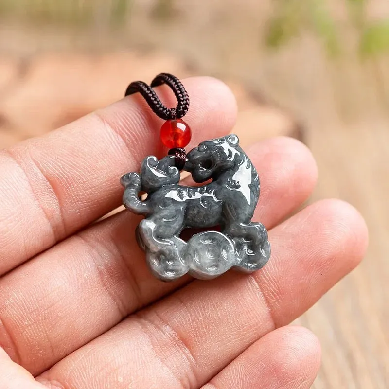 The Vault | Genuine Natural Black Jadeite Tiger Hand Carved Necklace