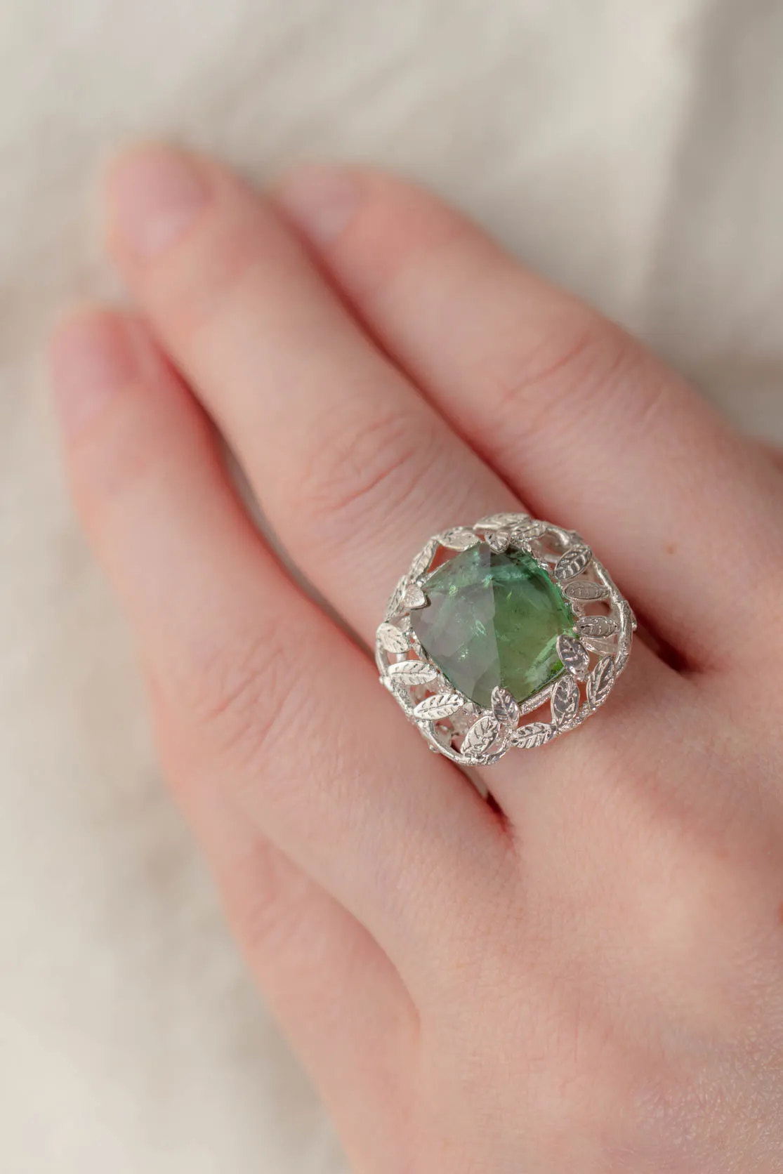 Tourmaline And Leaves Cocktail Ring - One Of A Kind in 925 Sterling Silver