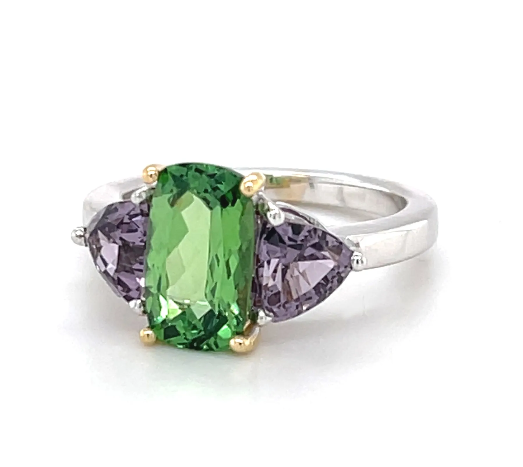 Tsavorite Garnet and Purple Spinel Three-Stone Engagement Ring in 18k Gold