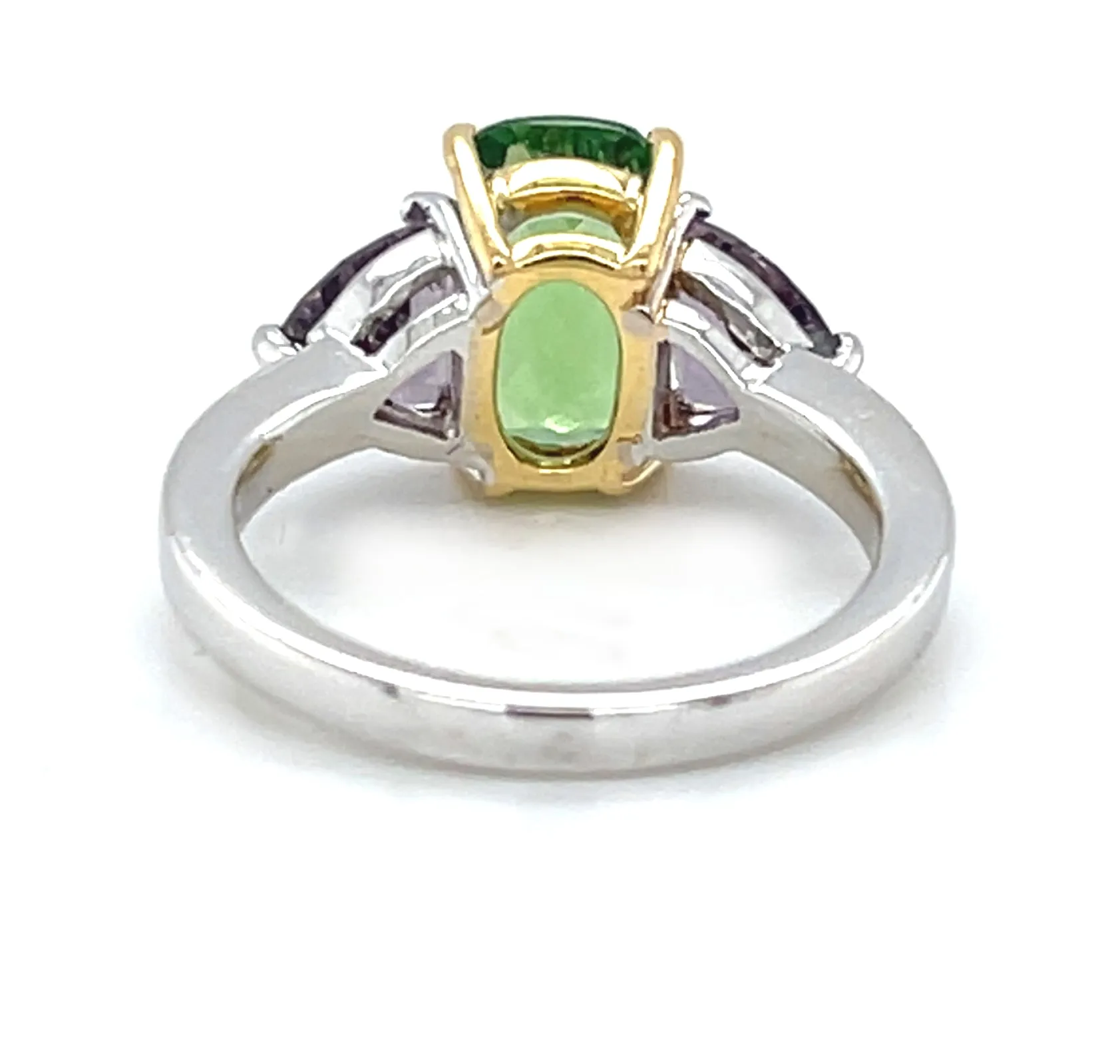 Tsavorite Garnet and Purple Spinel Three-Stone Engagement Ring in 18k Gold