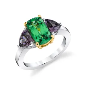 Tsavorite Garnet and Purple Spinel Three-Stone Engagement Ring in 18k Gold