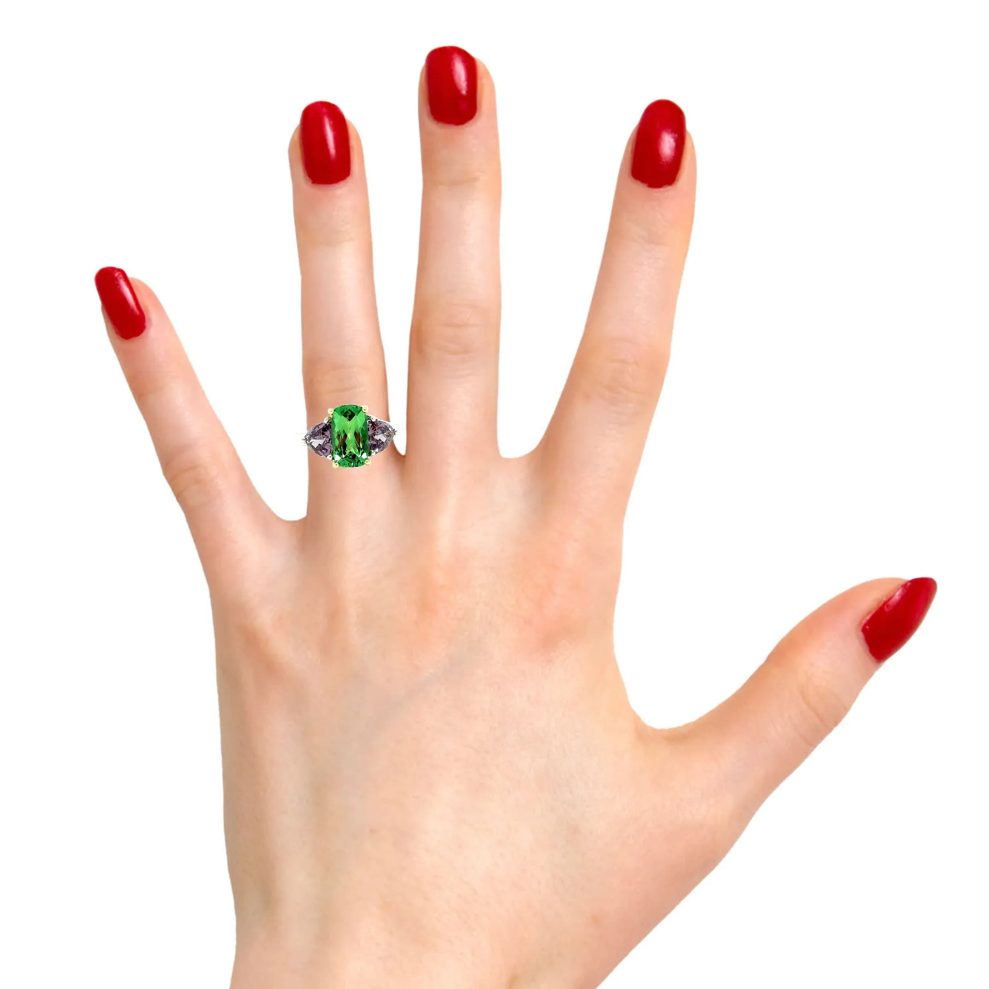 Tsavorite Garnet and Purple Spinel Three-Stone Engagement Ring in 18k Gold