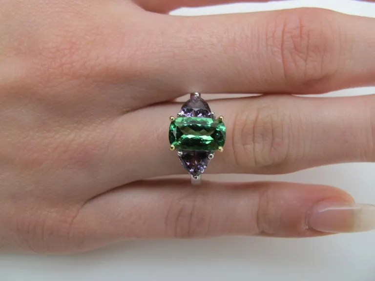 Tsavorite Garnet and Purple Spinel Three-Stone Engagement Ring in 18k Gold